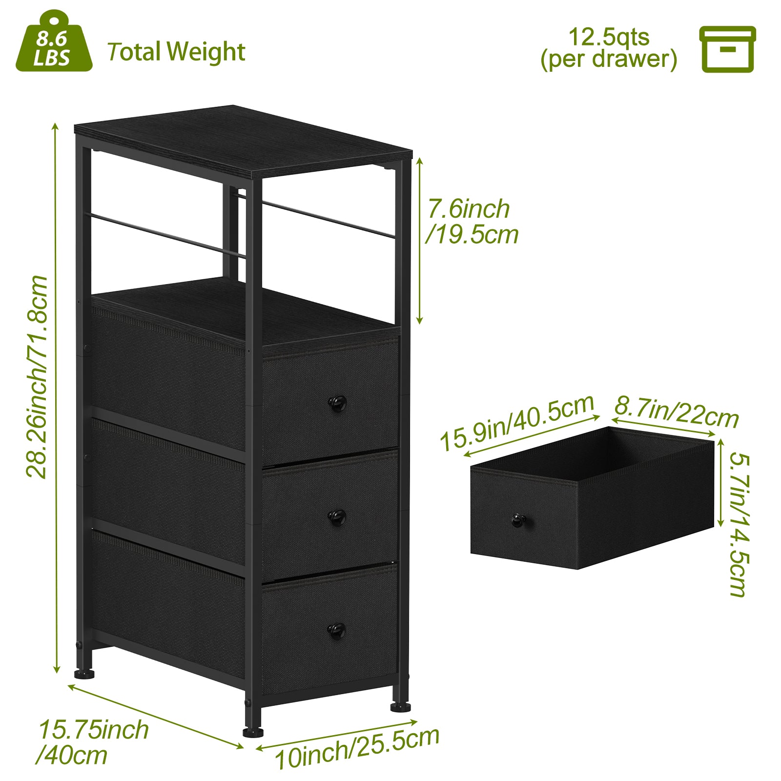 Narrow 3-Drawer Dresser - Slim Side Table with Storage for Small Spaces & Bathrooms, Black,