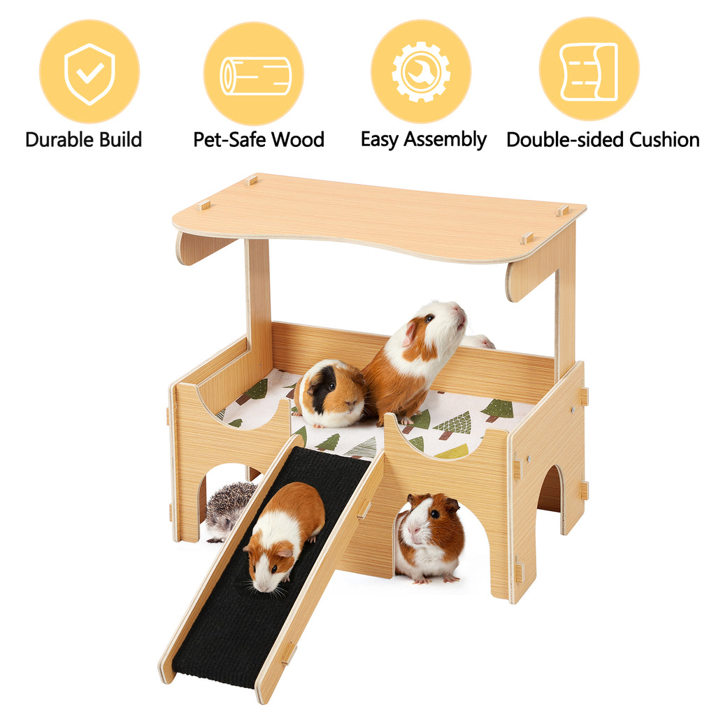 Wooden Guinea Pig House & Hideout, Small Animal Habitat with Ramp and Cushion for Hamsters & Rabbits