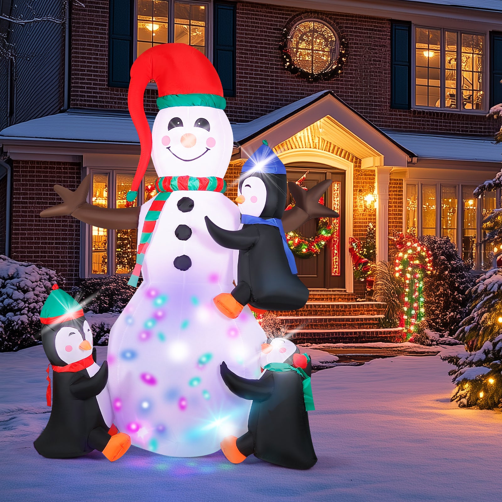 7FT Christmas Inflatable Snowman with 3 Penguins & Rotating Multi-Color LED Lights, Animated Yard Decor