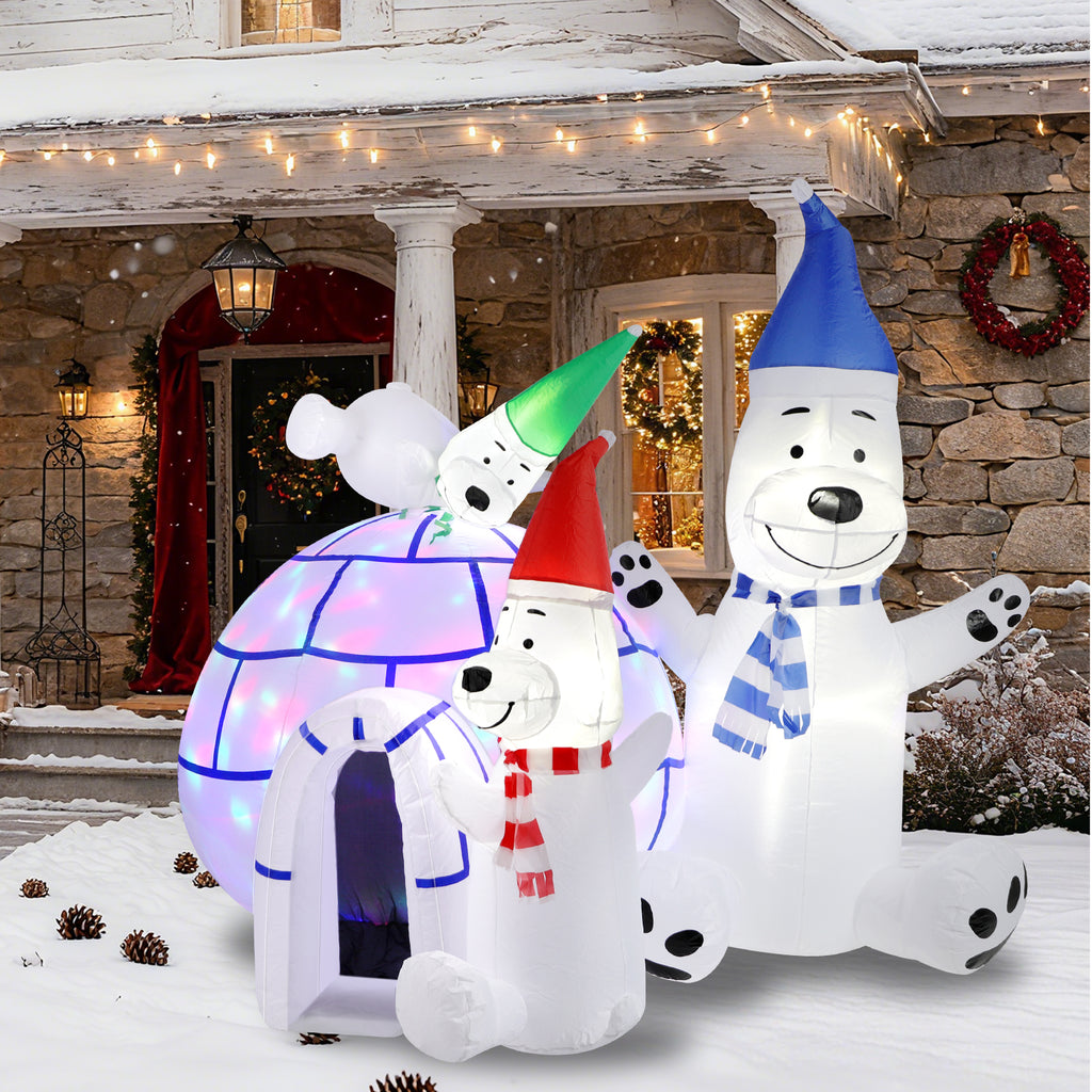 6FT Christmas Inflatable Polar Bear & Igloo Set, 3 Polar Bears with Colorful LEDs, Blow Up Yard Decor