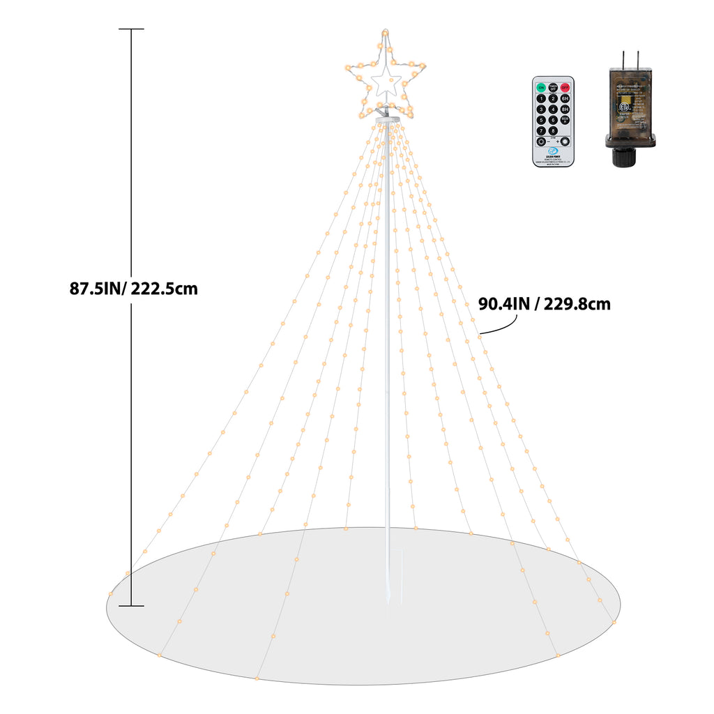 Outdoor Christmas Star Tree Light, 11-Foot Waterfall String Lights with Topper Star for Yard and Party Decorations, Warm White,