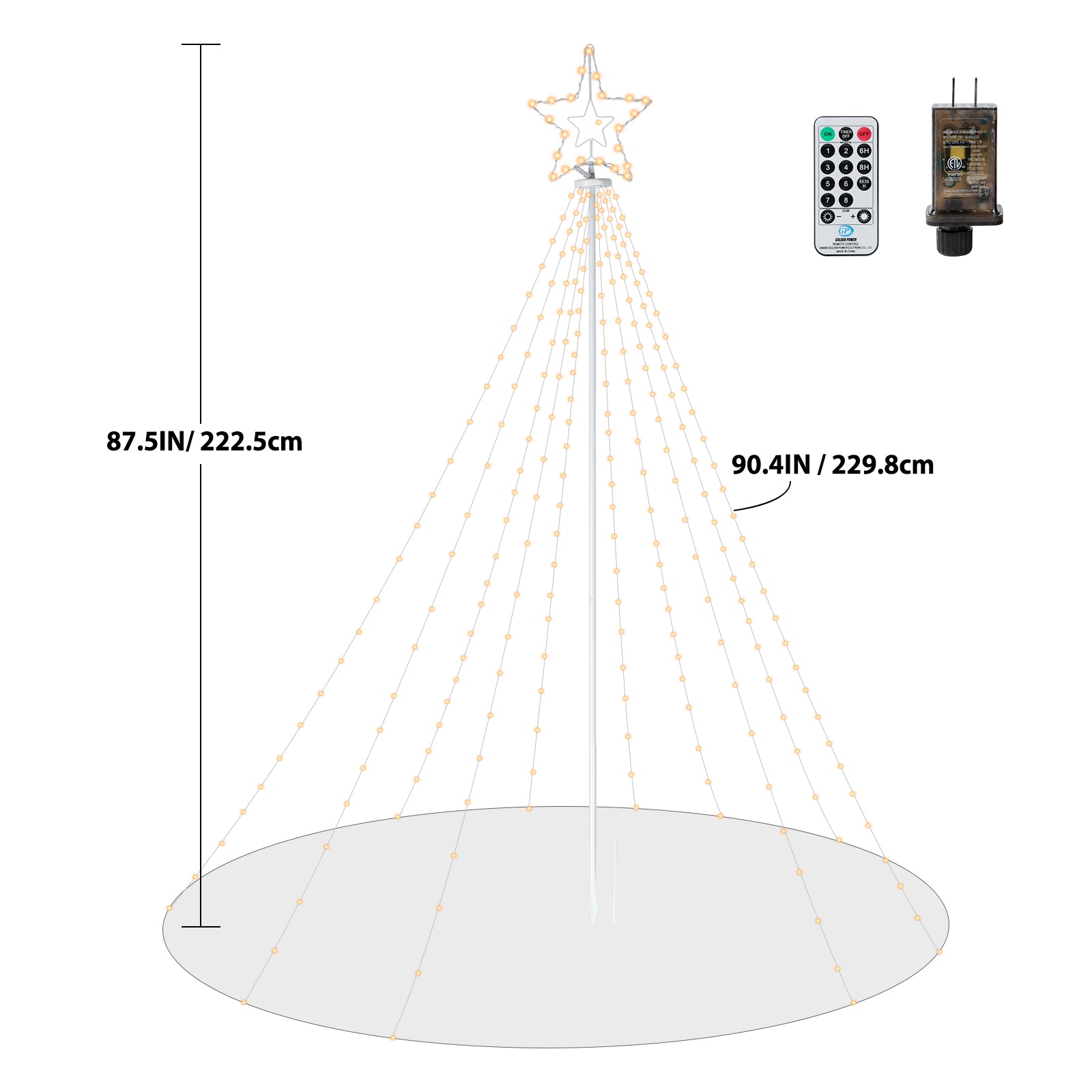 Outdoor Christmas Star Tree Light, 11-Foot Waterfall String Lights with Topper Star for Yard and Party Decorations, Warm White,