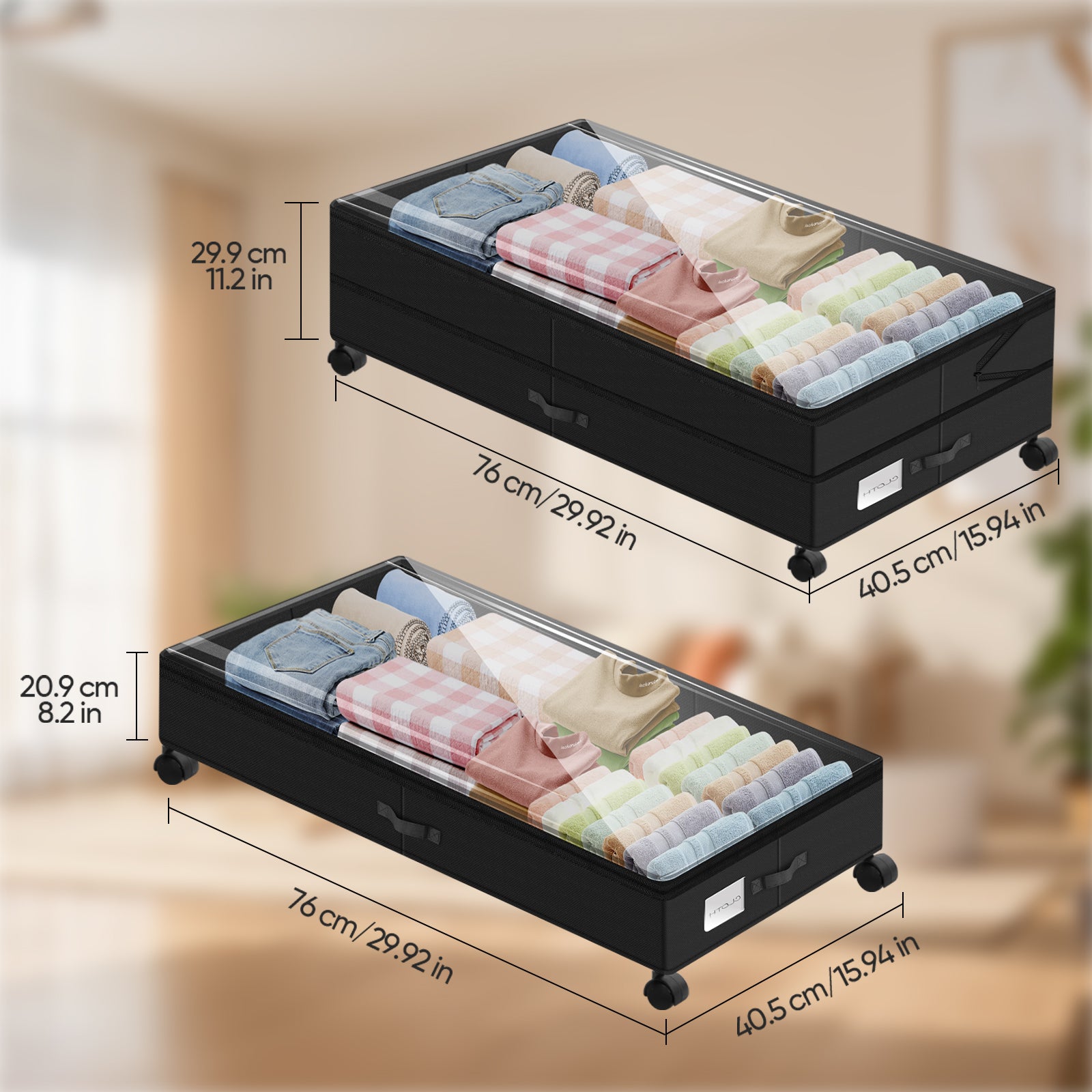 80L Rolling Under Bed Storage Container with Clear Lid - Adjustable Large Capacity Shoe & Clothes Bin with Reinforced Handles & Smooth Wheels, Black