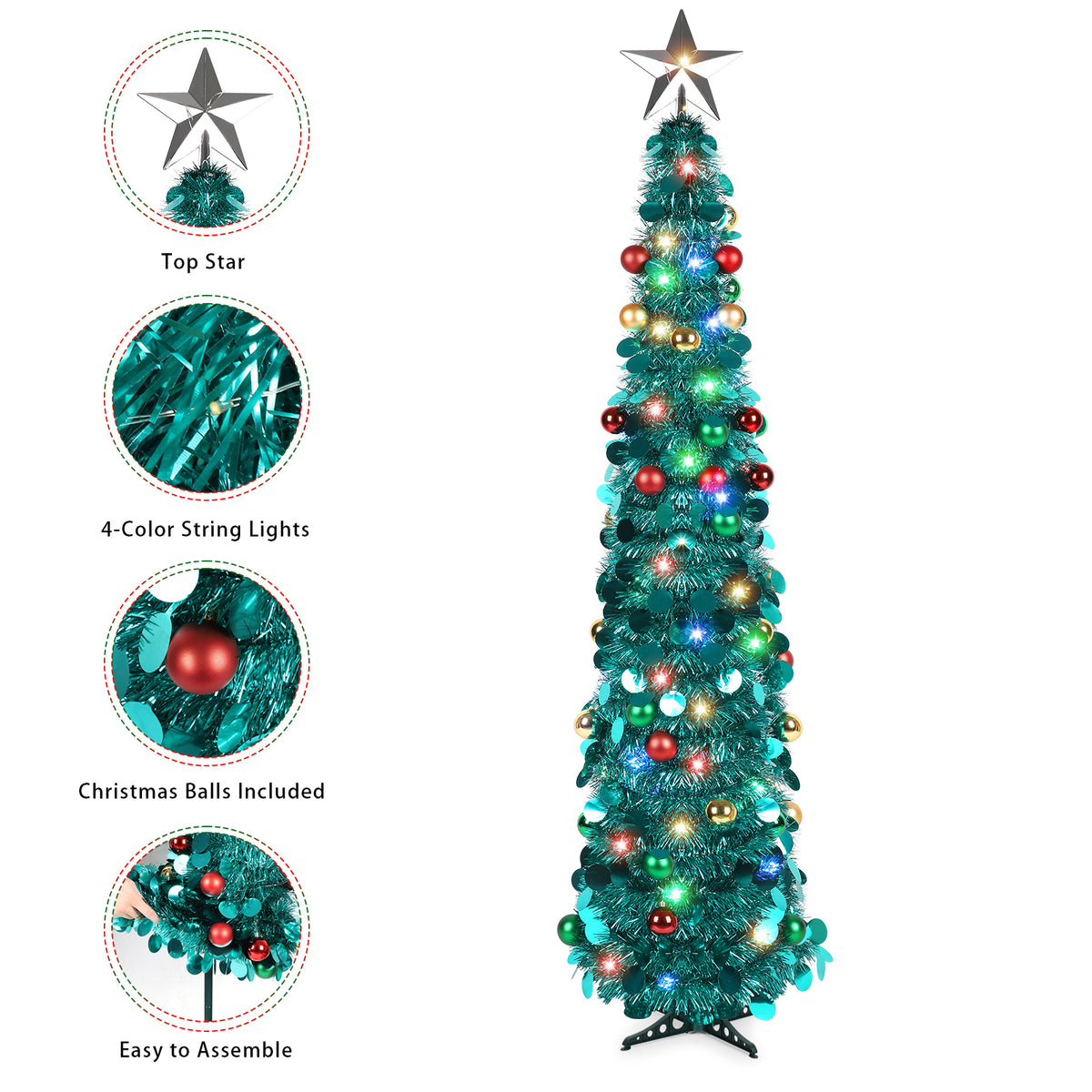 5.2 Ft Pop Up Christmas Tree with 4 light colors 8 light modes adjustable Lights & Balls, Collapsible Green Tinsel Tree Decorations, Artificial Christmas lighted Tree for Holiday Home Office Decor