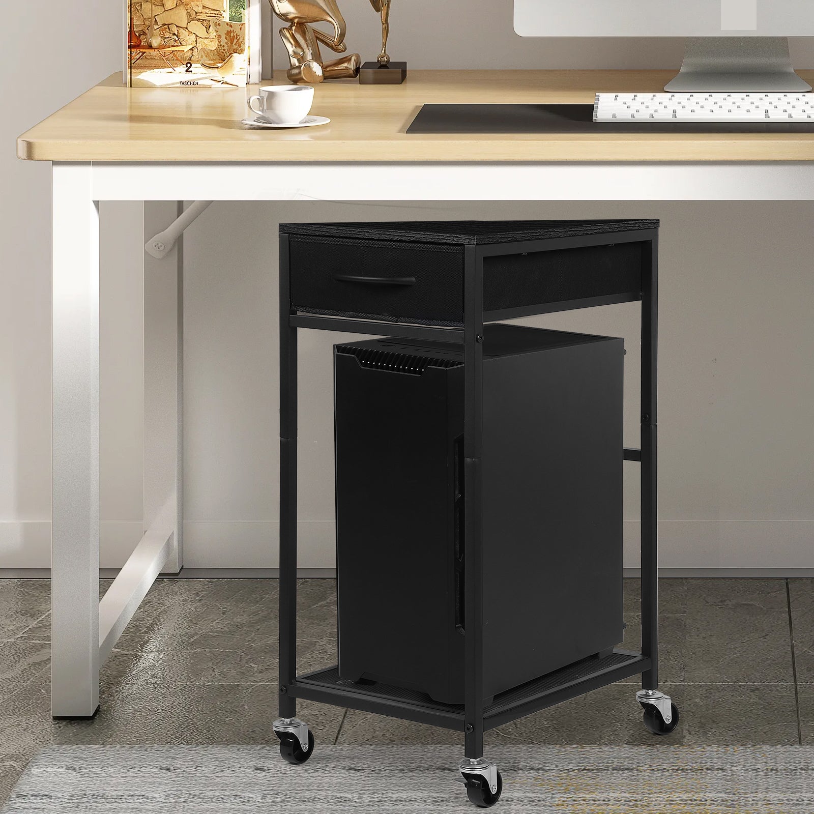 2-Tier Mobile Computer Tower Stand with Storage Drawer, Metal PC Holder on Wheels for Home Office