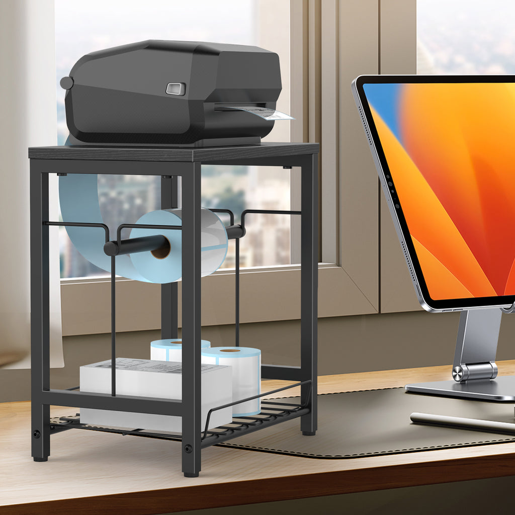 Heavy Duty Printer Stand with Label Roll Holder, 2-Tier Industrial Under Desk Printer Table with Storage Basket, Small Machine Stand for Thermal Shipping Label Printers, Home Office & Shipping Station, Black