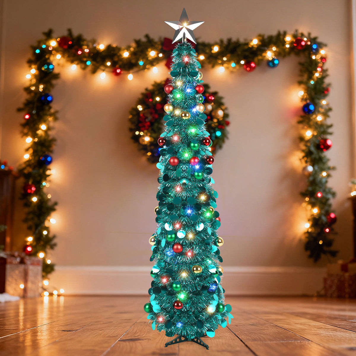 5.2 Ft Pop Up Christmas Tree with 4 light colors 8 light modes adjustable Lights & Balls, Collapsible Green Tinsel Tree Decorations, Artificial Christmas lighted Tree for Holiday Home Office Decor