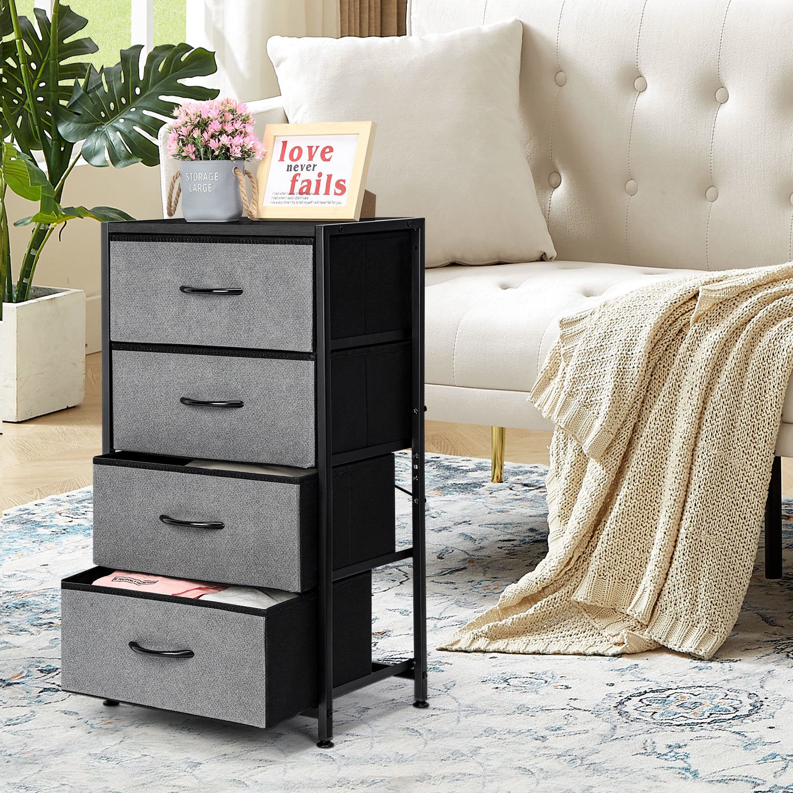 4-Drawer Fabric Dresser Storage Tower - Grey Chest of Drawers with Black Metal Frame