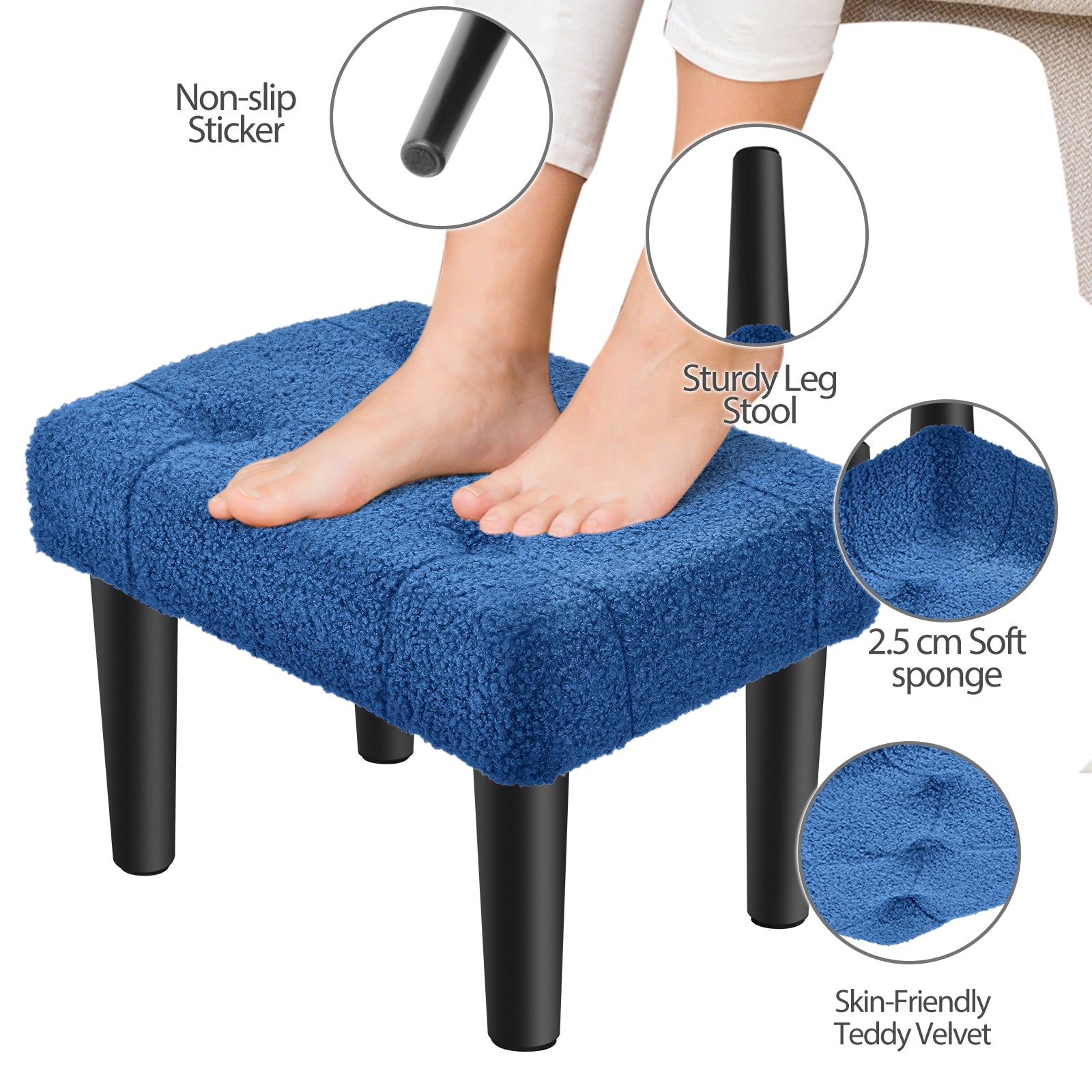 Small Teddy Velvet Foot Stool with Wood Legs, Tufted Rectangle Ottoman Foot Rest, Soft Padded Mini Footstool for Under Desk, Bedroom, Living Room, Sofa Side, Entryway, Dark Blue