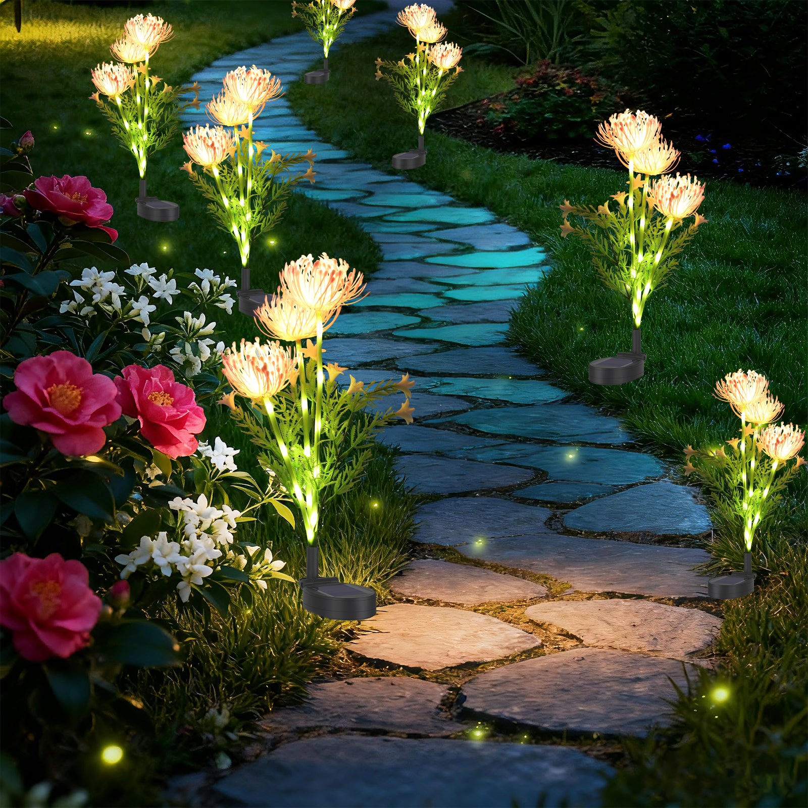 Set of 6 Solar Flower Pathway Lights - Waterproof LED Garden Stake Lights with Realistic Flower Design£¬Yellow/pink/red