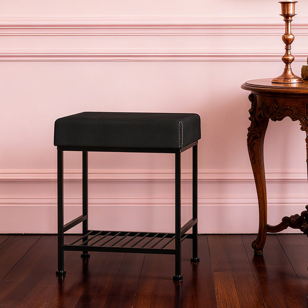 Square Vanity Stool with Storage Shelf, Black Faux Leather Padded Makeup Ottoman Bench, Heavy Duty Metal Frame Foot Stool with Adjustable Anti-Slip Feet, Multi Purpose Shoe Bench for Bedroom Entryway Living Room Bathroom