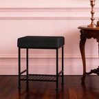 Square Vanity Stool with Storage Shelf, Black Faux Leather Padded Makeup Ottoman Bench, Heavy Duty Metal Frame Foot Stool with Adjustable Anti-Slip Feet, Multi Purpose Shoe Bench for Bedroom Entryway Living Room Bathroom
