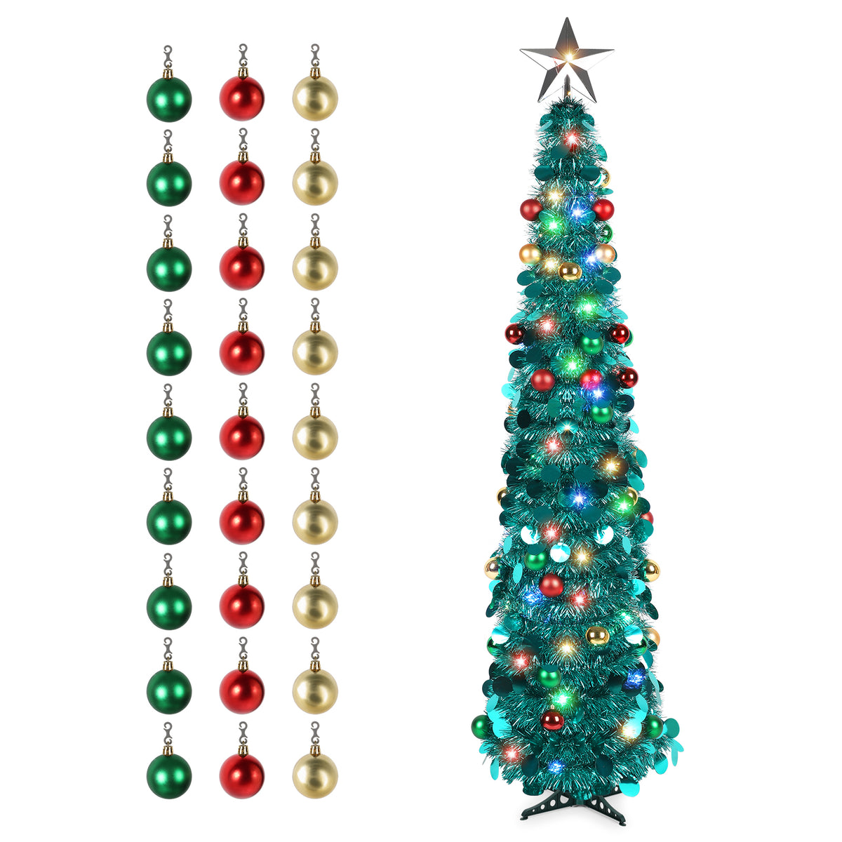 5.2 Ft Pop Up Christmas Tree with 4 light colors 8 light modes adjustable Lights & Balls, Collapsible Green Tinsel Tree Decorations, Artificial Christmas lighted Tree for Holiday Home Office Decor