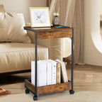 Set of 2 C-Shaped End Tables with Rolling Casters, Mobile Sofa Side Table for Laptop & Coffee, Rustic Wood Snack Table for Living Room & Bedroom,