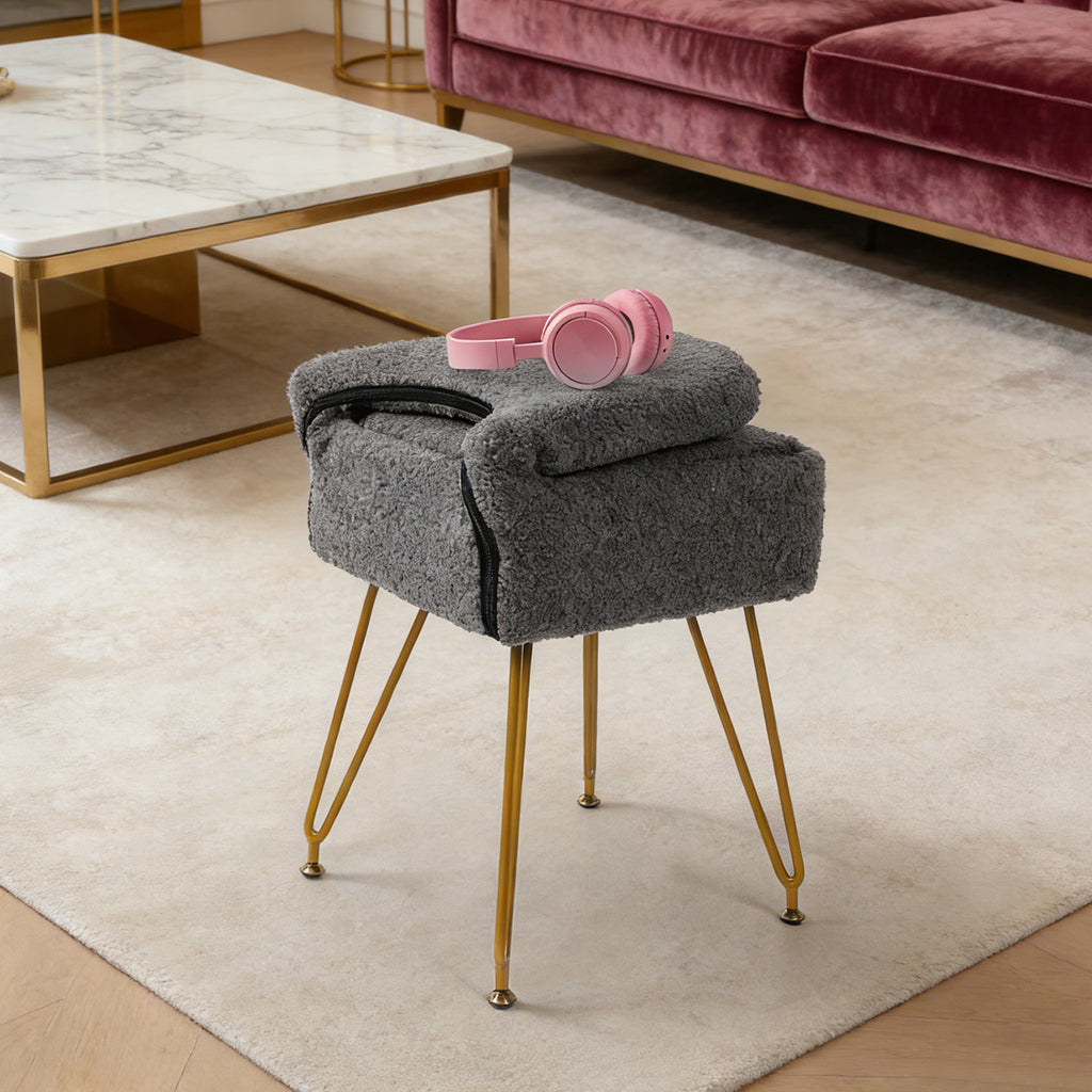 Modern Teddy Alpaca Fur Storage Vanity Stool, Hollow Cutout Back Makeup Chair with Detachable Zipper Storage Box, Anti-Slip Gold Metal Legs Padded Accent Chair for Dressing Room, Apartment Decor