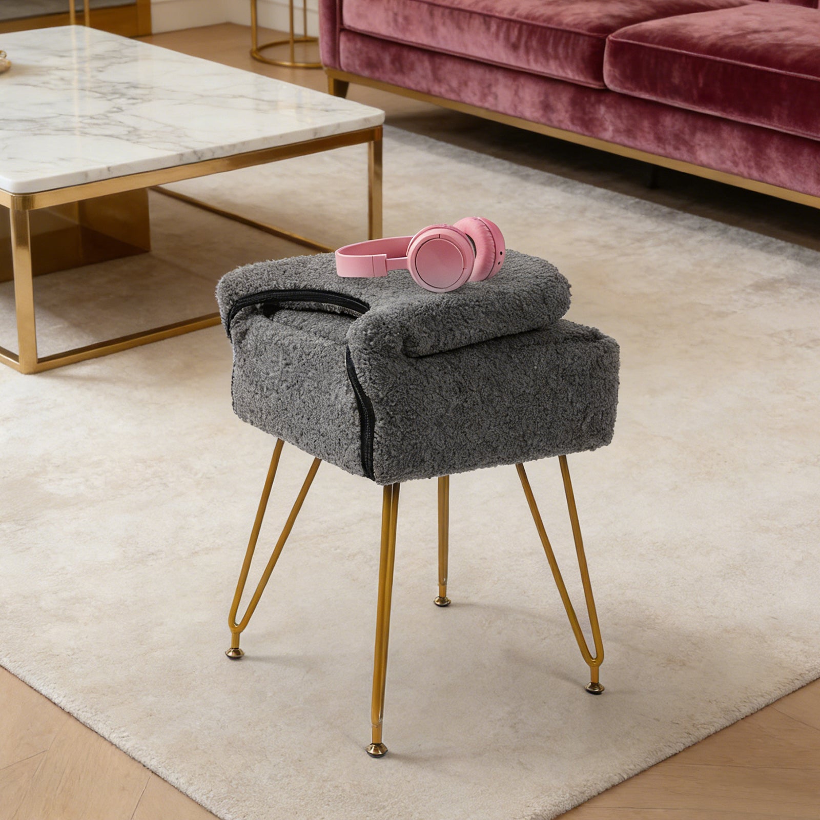 Modern Teddy Alpaca Fur Storage Vanity Stool, Hollow Cutout Back Makeup Chair with Detachable Zipper Storage Box, Anti-Slip Gold Metal Legs Padded Accent Chair for Dressing Room, Apartment Decor