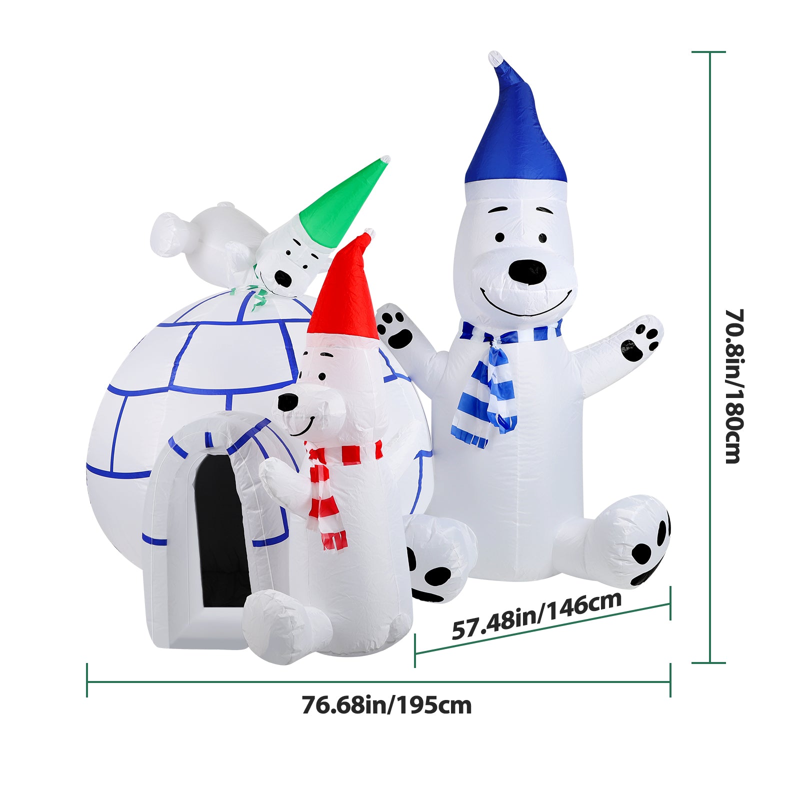 6FT Christmas Inflatable Polar Bear & Igloo Set, 3 Polar Bears with Colorful LEDs, Blow Up Yard Decor