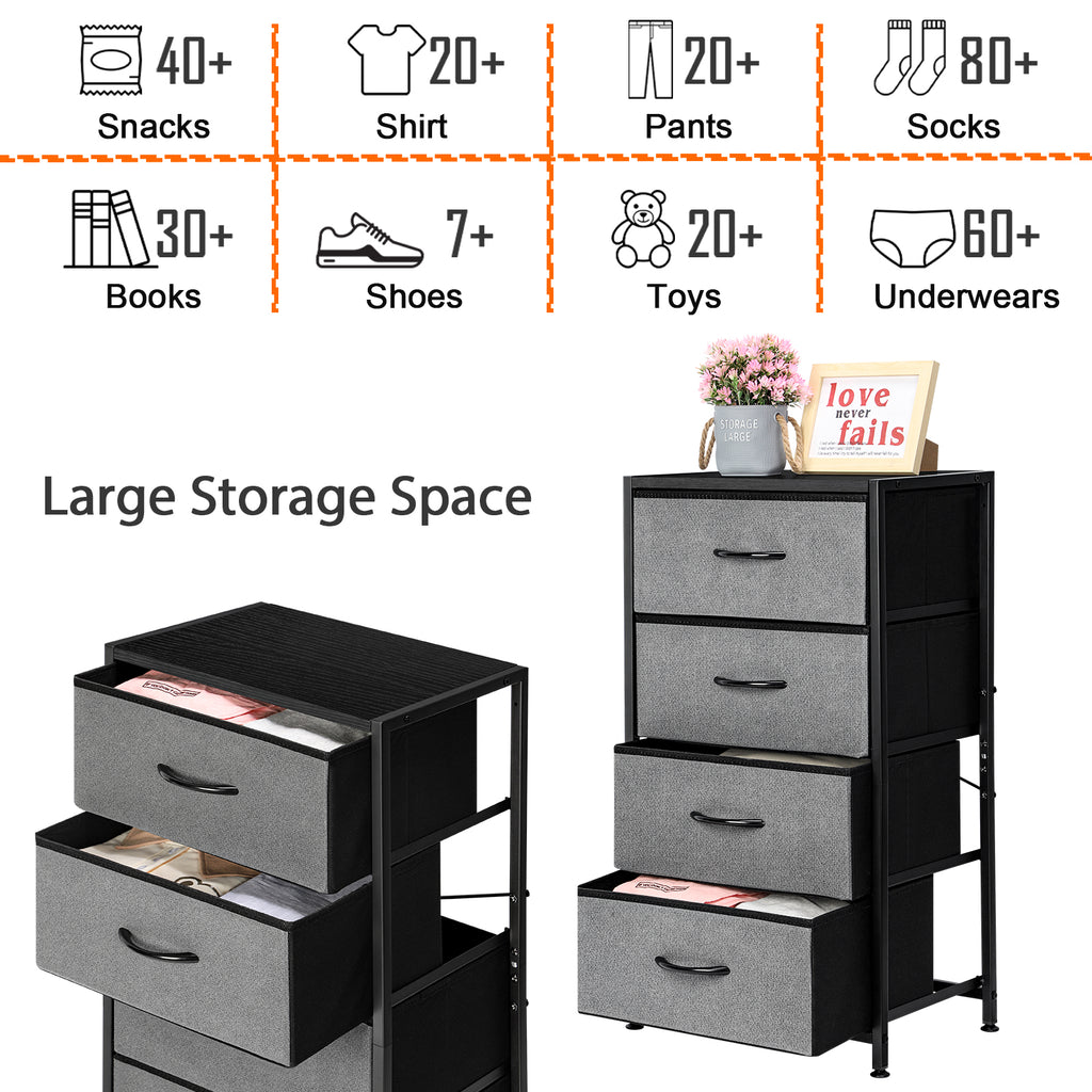 4-Drawer Fabric Dresser Storage Tower - Grey Chest of Drawers with Black Metal Frame