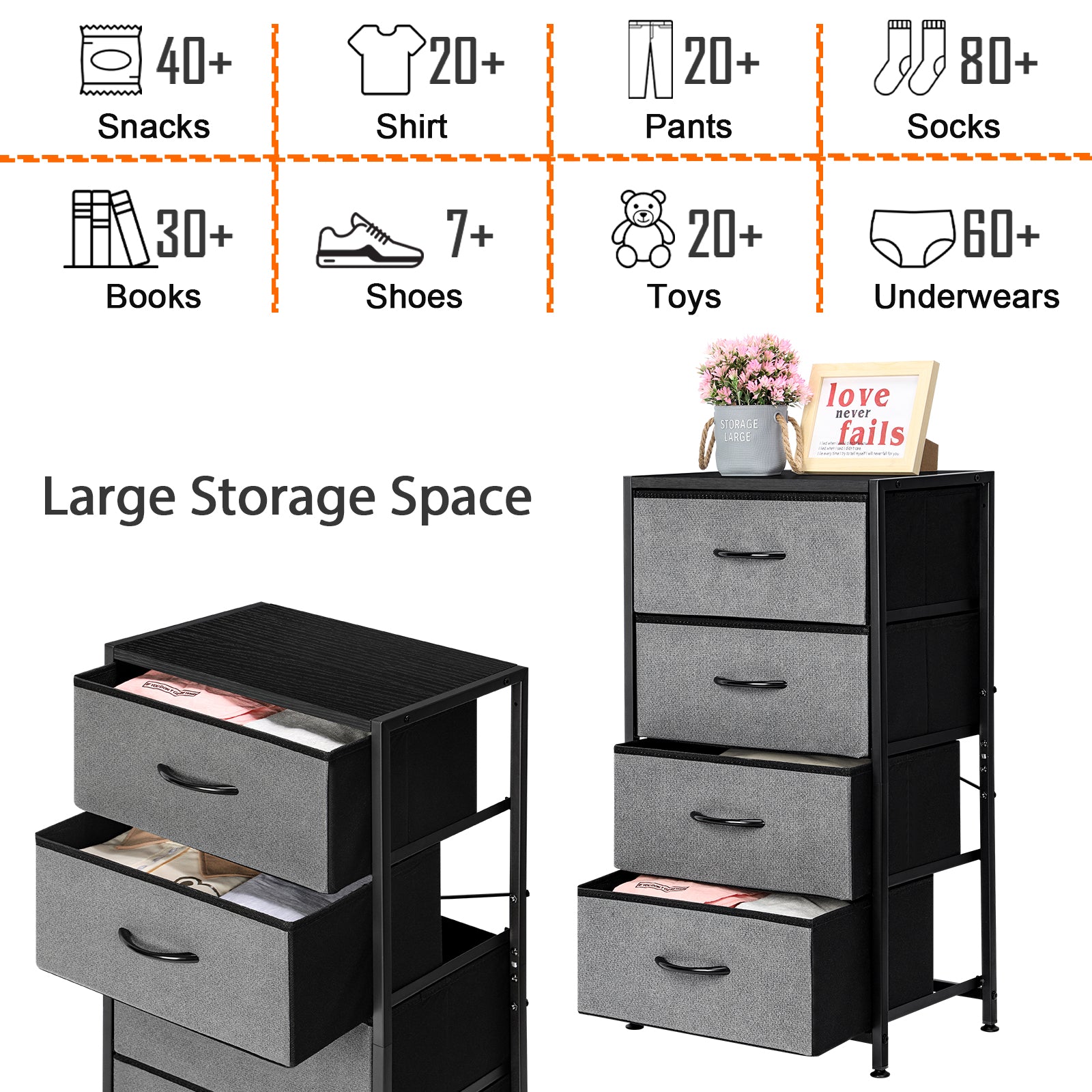 4-Drawer Fabric Dresser Storage Tower - Grey Chest of Drawers with Black Metal Frame