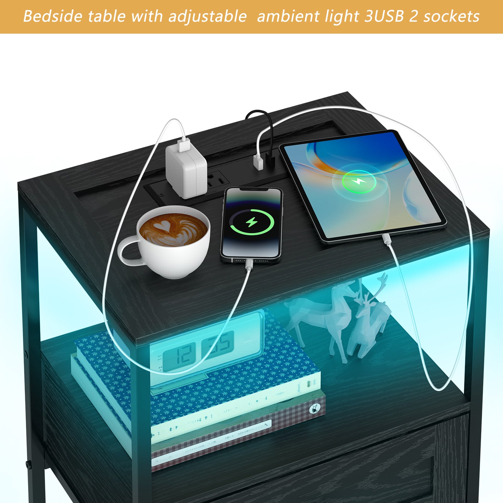 Nightstand with Built-in Charging Station & USB Ports