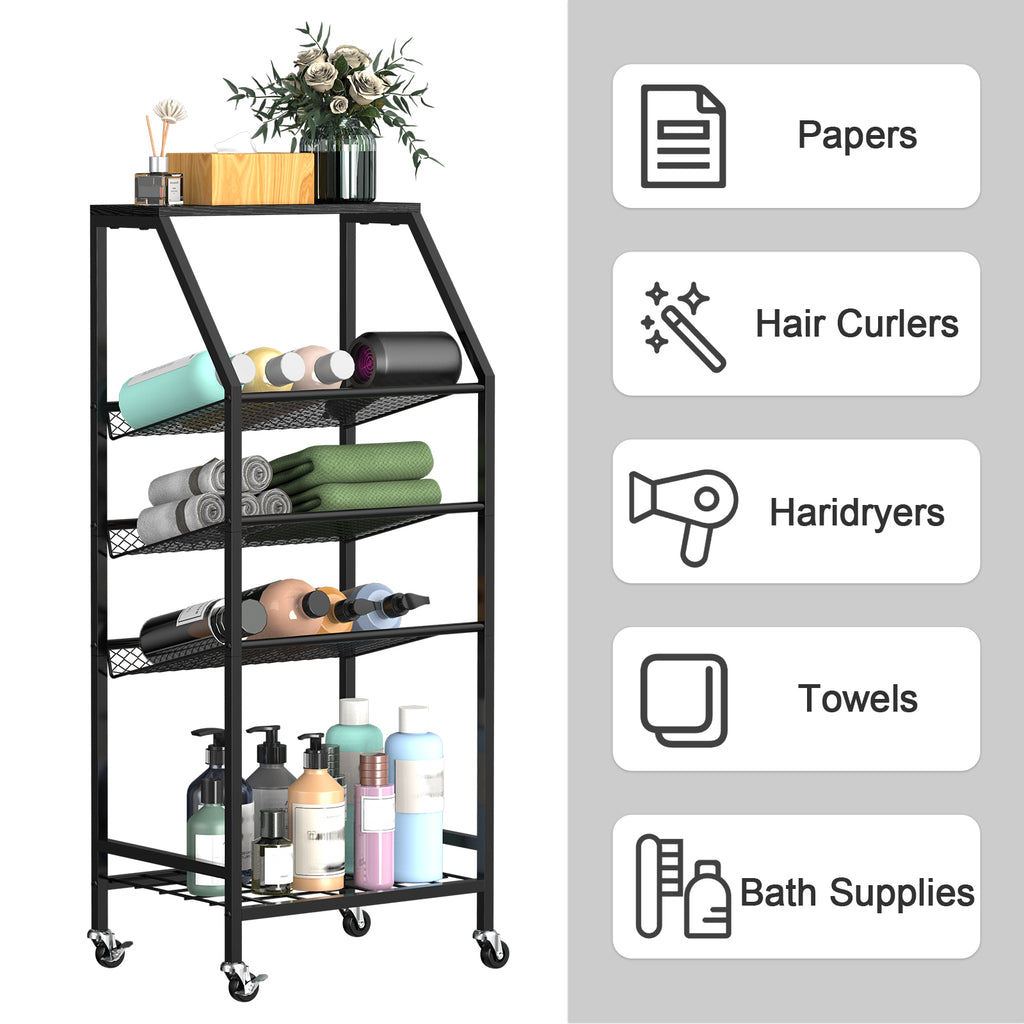 5-Tier Rolling Utility Cart with Storage Baskets - Versatile Home Organizer for Bathroom, Bedroom & Kids' Room, Multi-Purpose Mobile Shelf, Black