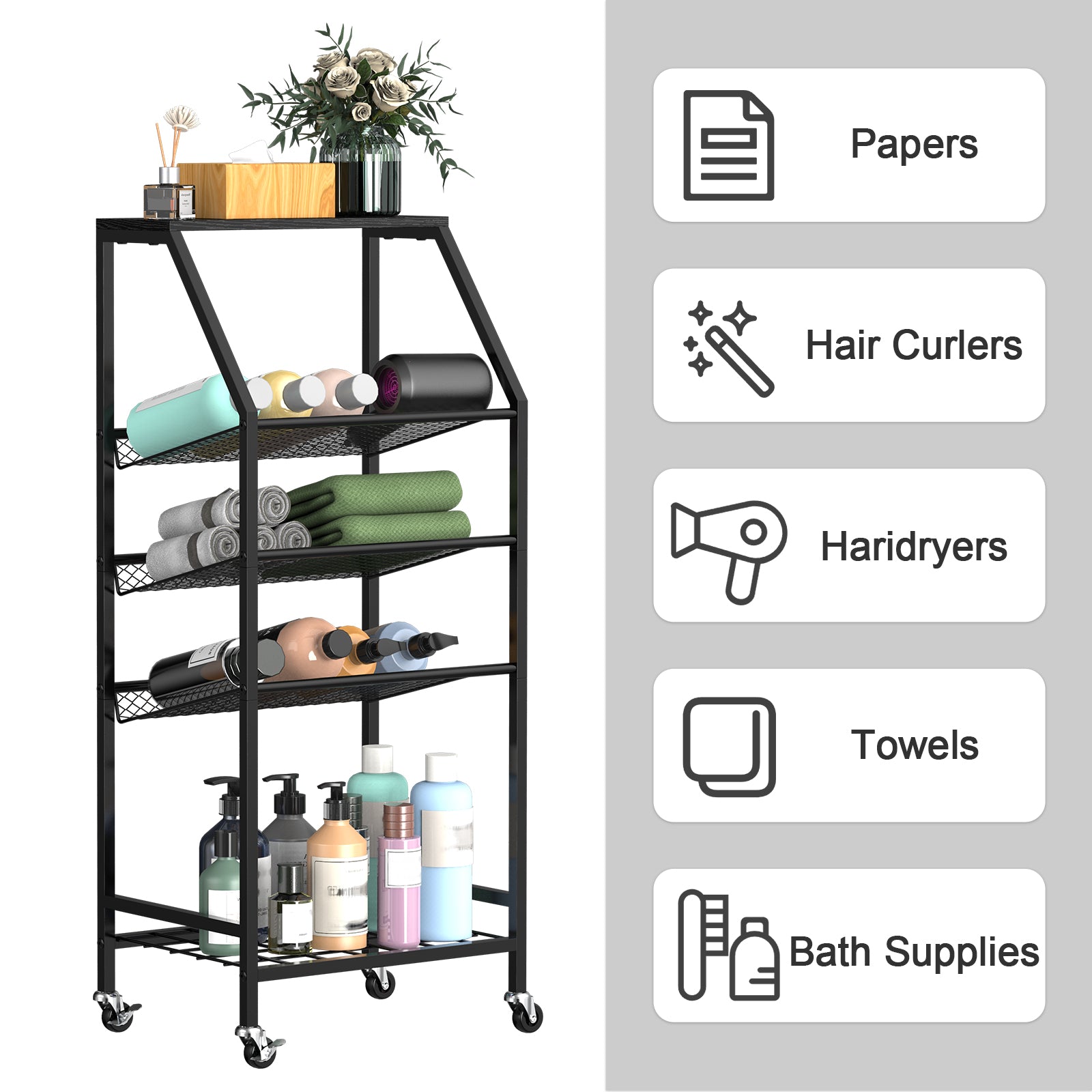 5-Tier Rolling Utility Cart with Storage Baskets - Versatile Home Organizer for Bathroom, Bedroom & Kids' Room, Multi-Purpose Mobile Shelf, Black