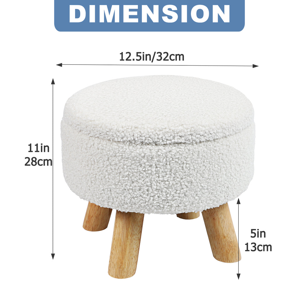 Small Round Boucle Storage Ottoman - Teddy Velvet Foot Rest with Wood Legs