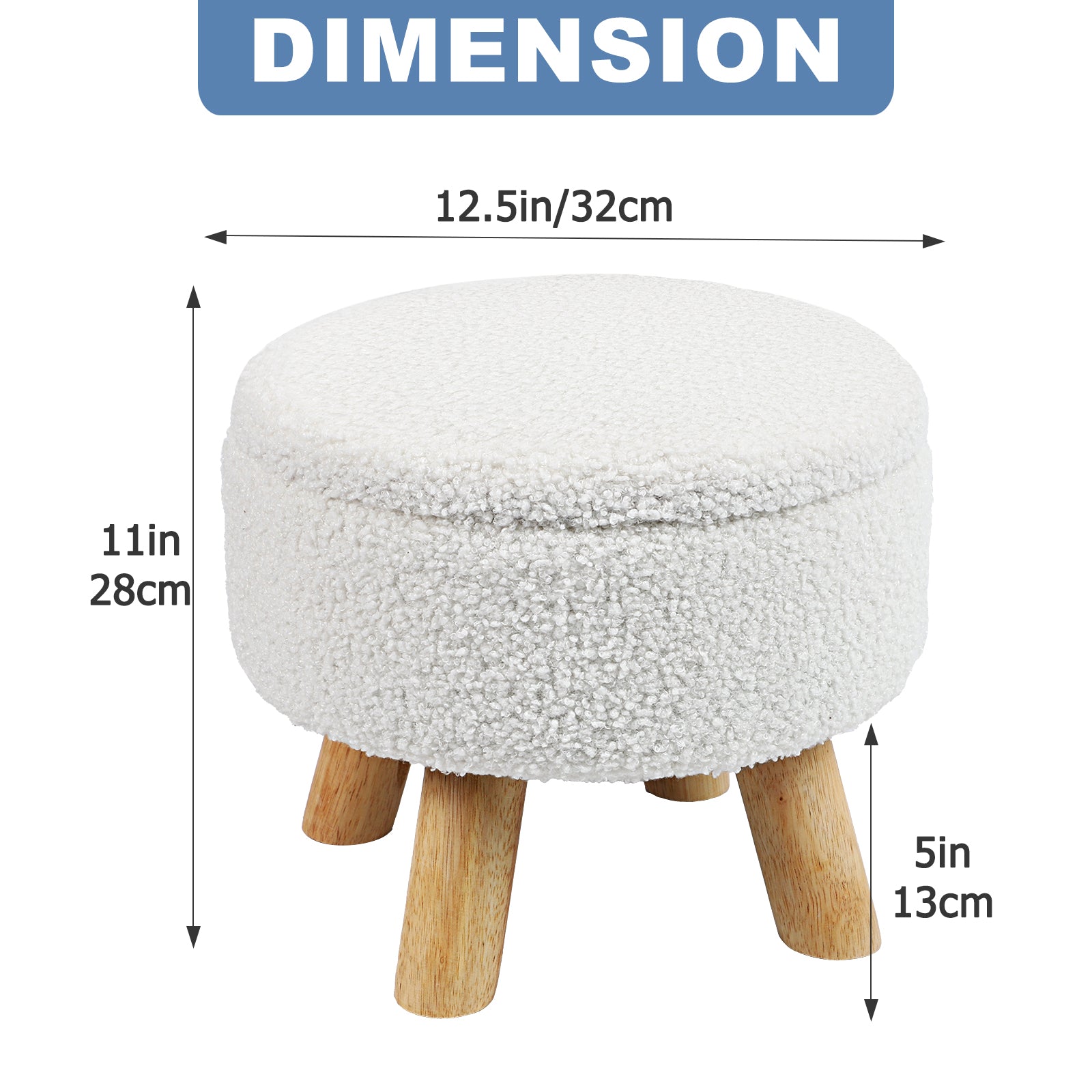 Small Round Boucle Storage Ottoman - Teddy Velvet Foot Rest with Wood Legs