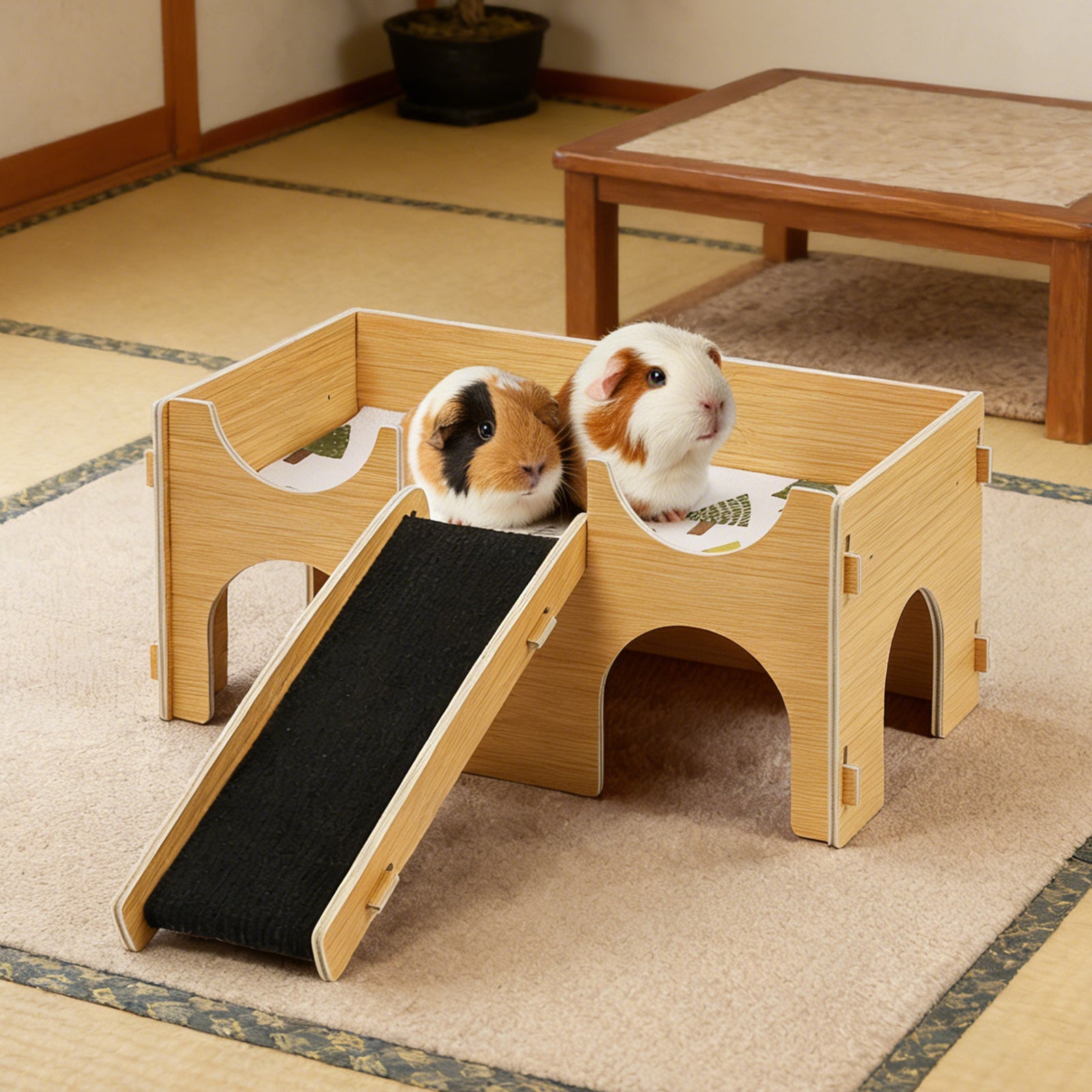 Wooden Guinea Pig House & Hideout, Small Animal Habitat with Ramp and Cushion for Hamsters & Rabbits