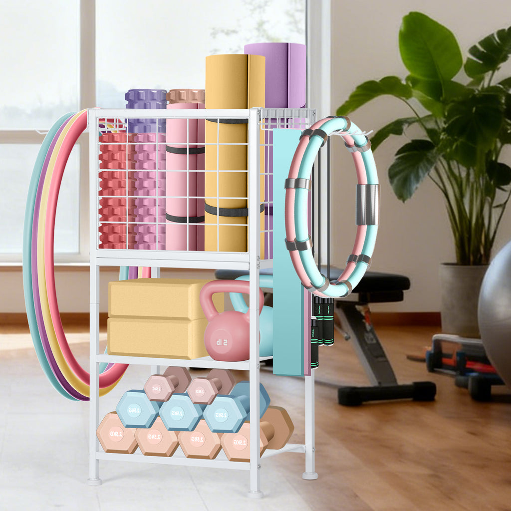 Home Gym Equipment Storage Rack w/ Wheels - Weight Rack, Yoga Mat Holder & Hooks, White