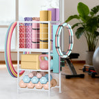 Home Gym Equipment Storage Rack w/ Wheels - Weight Rack, Yoga Mat Holder & Hooks, White