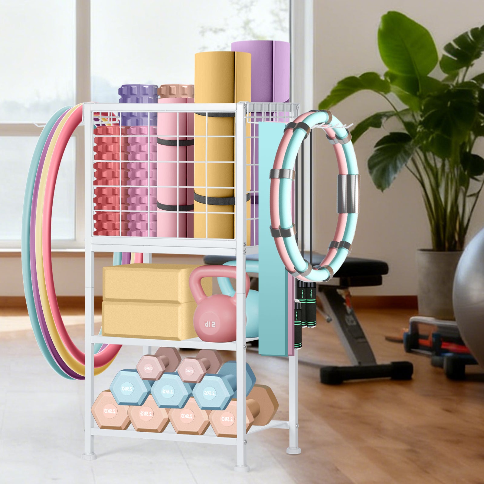 Home Gym Equipment Storage Rack w/ Wheels - Weight Rack, Yoga Mat Holder & Hooks, White