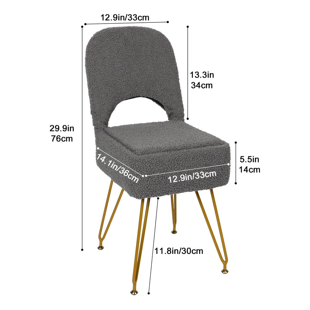 Modern Teddy Alpaca Fur Storage Vanity Stool, Hollow Cutout Back Makeup Chair with Detachable Zipper Storage Box, Anti-Slip Gold Metal Legs Padded Accent Chair for Dressing Room, Apartment Decor