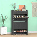 Modern 3-Tier Flip Drawer Shoe Cabinet - Narrow Entryway Organizer for 24-32 Pairs, Black Farmhouse Style