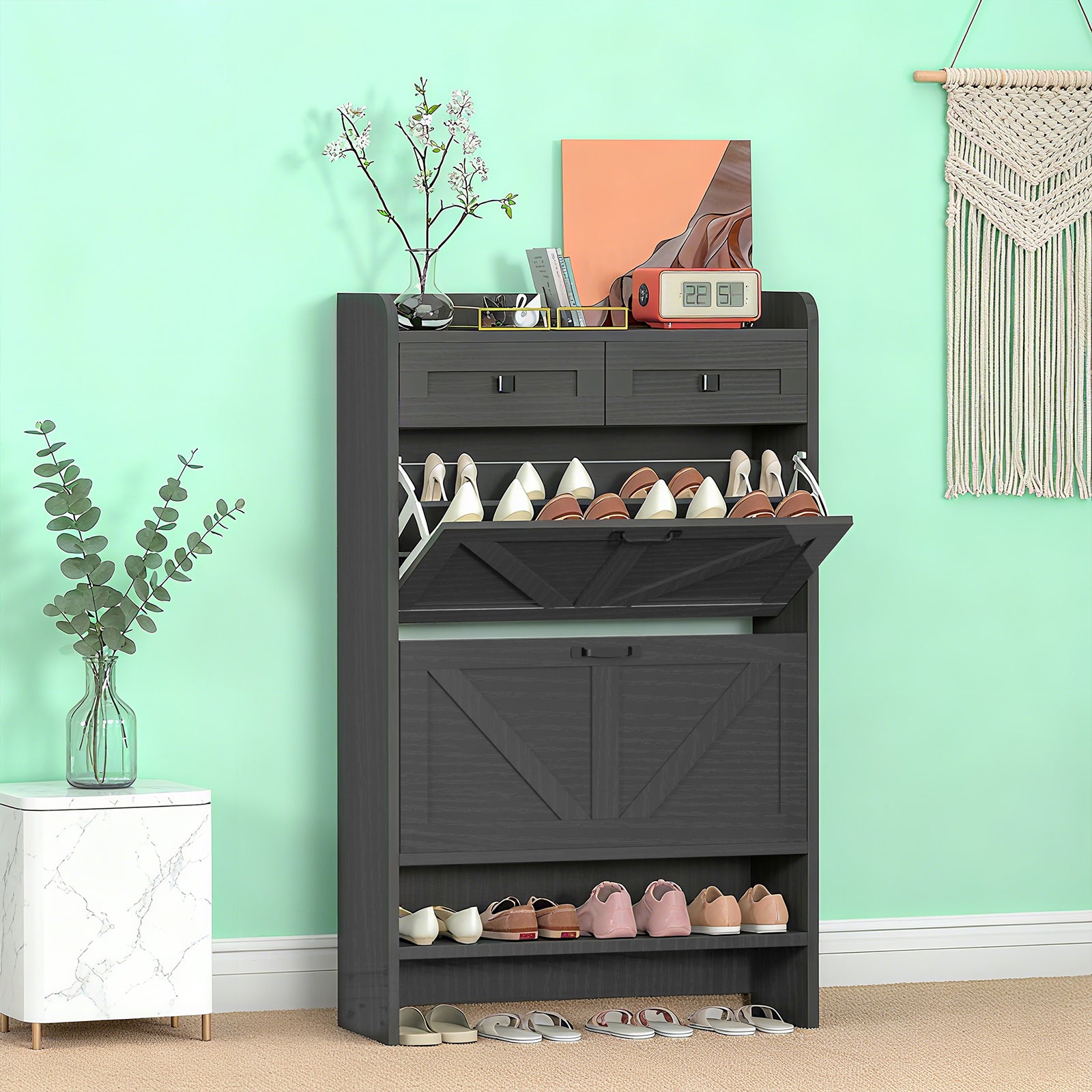 Modern 3-Tier Flip Drawer Shoe Cabinet - Narrow Entryway Organizer for 24-32 Pairs, Black Farmhouse Style