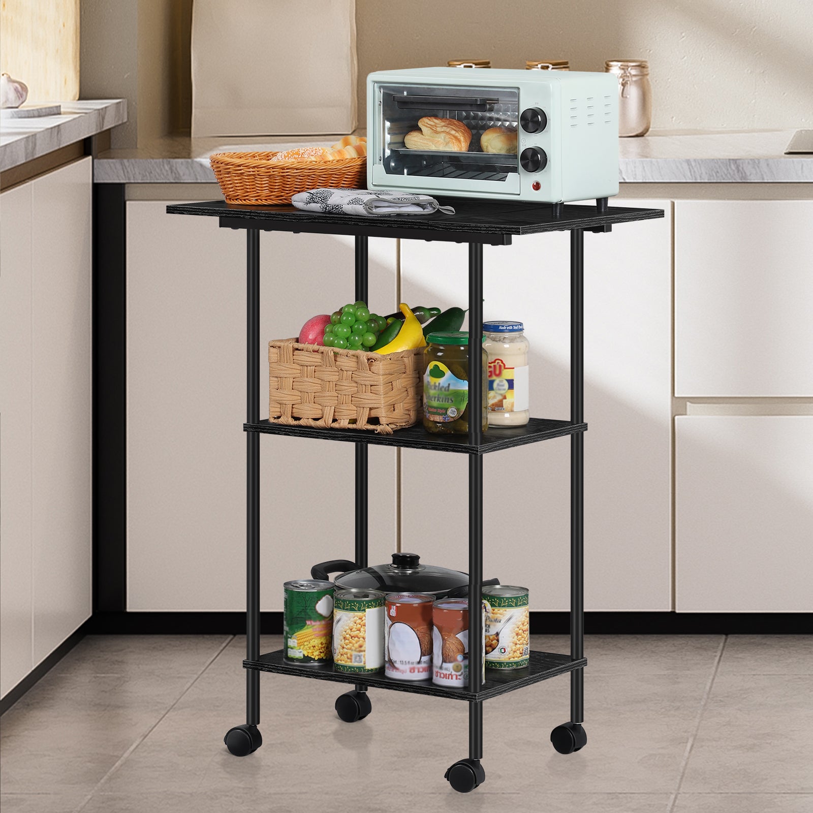 3-Tier Rolling Printer Stand with Storage - Mobile Under Desk Machine Cart for Home Office Supplies, Black,