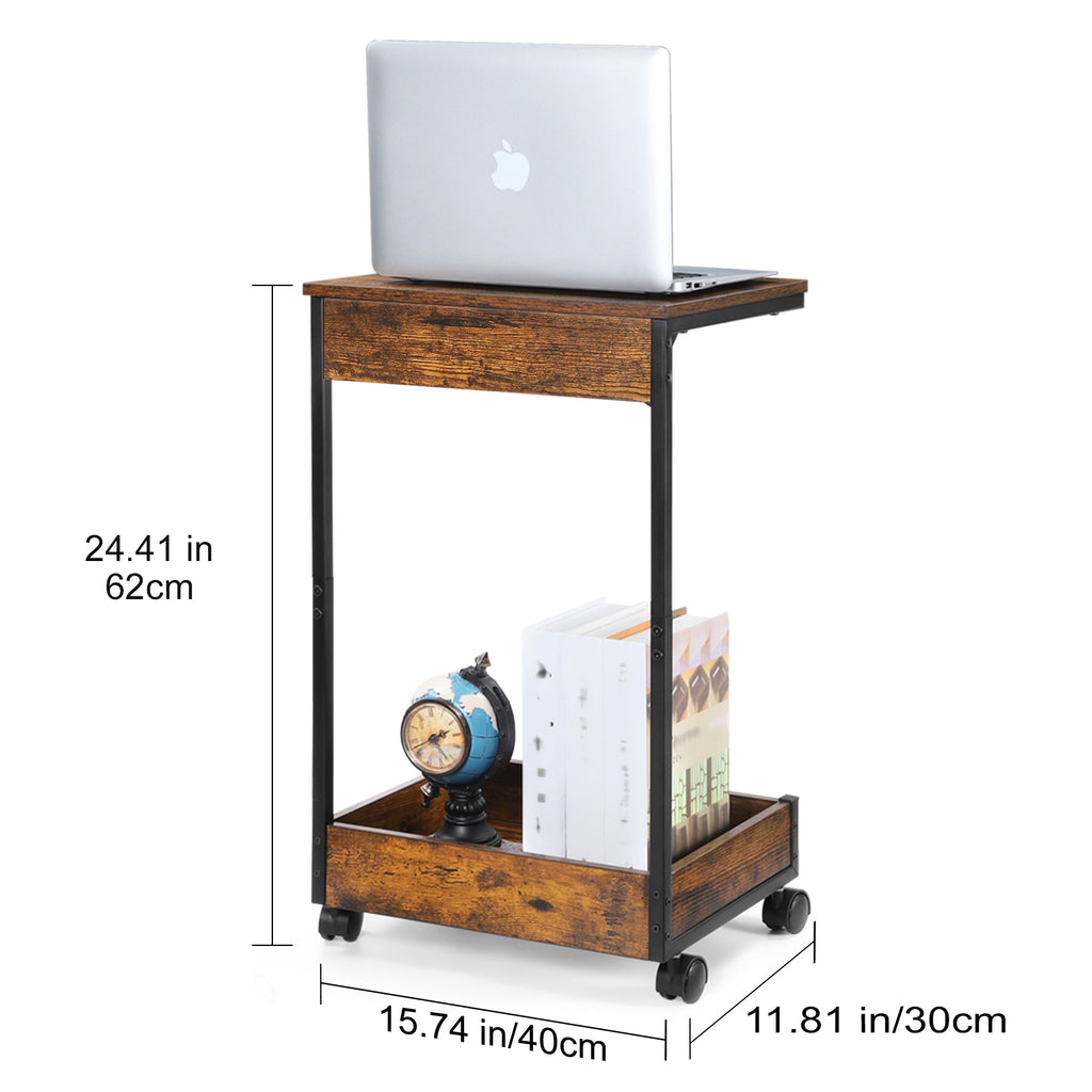 Set of 2 C-Shaped End Tables with Rolling Casters, Mobile Sofa Side Table for Laptop & Coffee, Rustic Wood Snack Table for Living Room & Bedroom,