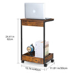 Set of 2 C-Shaped End Tables with Rolling Casters, Mobile Sofa Side Table for Laptop & Coffee, Rustic Wood Snack Table for Living Room & Bedroom,