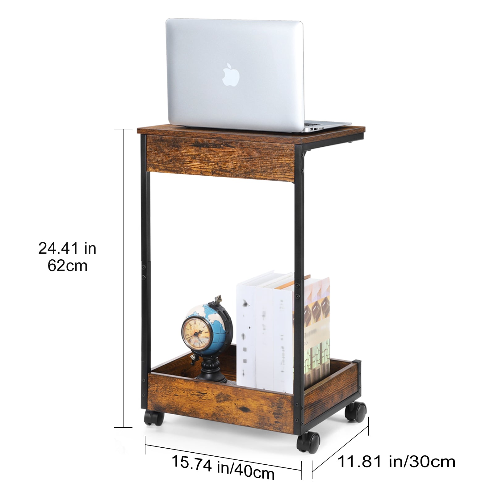Set of 2 C-Shaped End Tables with Rolling Casters, Mobile Sofa Side Table for Laptop & Coffee, Rustic Wood Snack Table for Living Room & Bedroom,