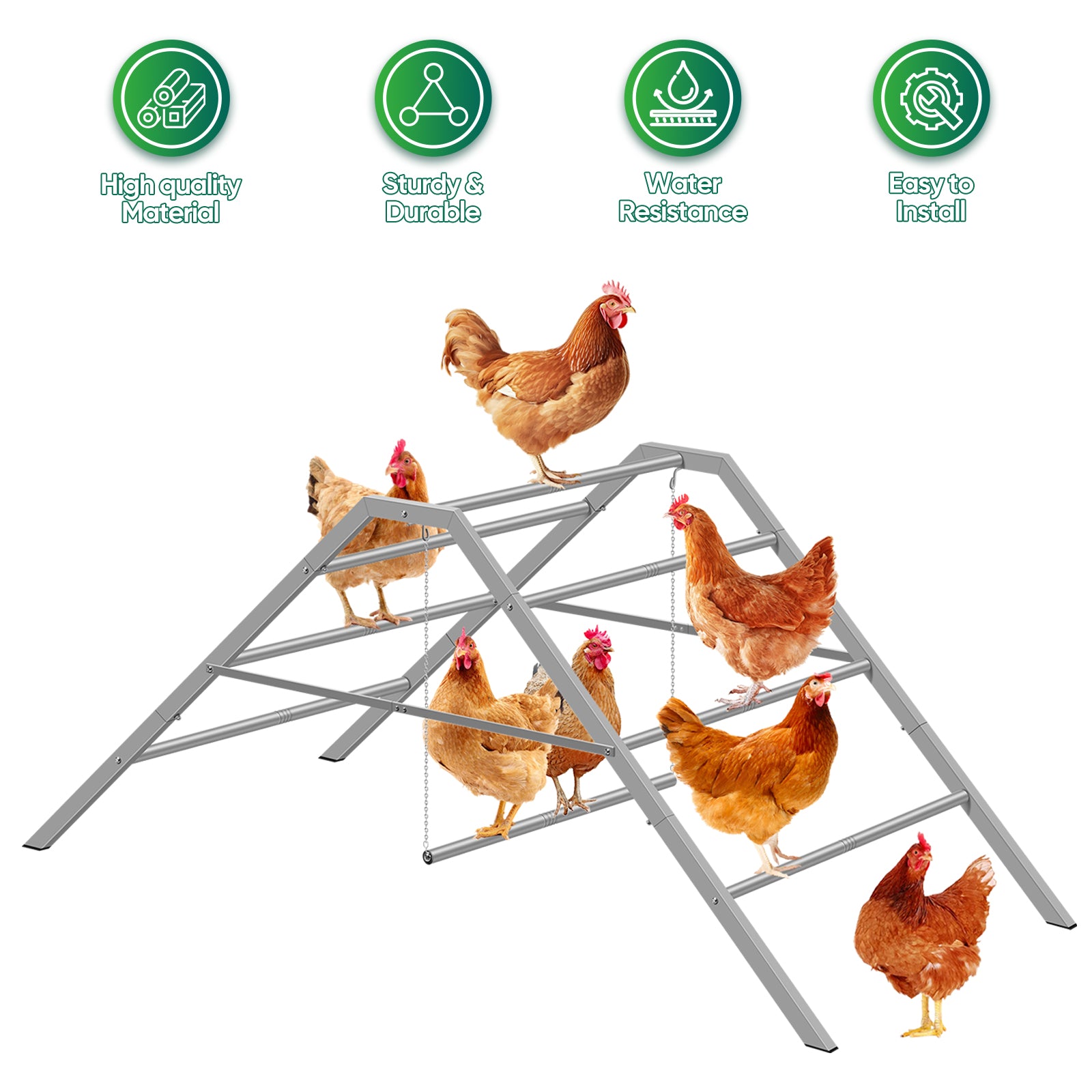 Metal Chicken Perch Ladder with Swing, Large Roosting Bar for Coop, Backyard Poultry Gym Stand for 10-12 Chickens, Grey