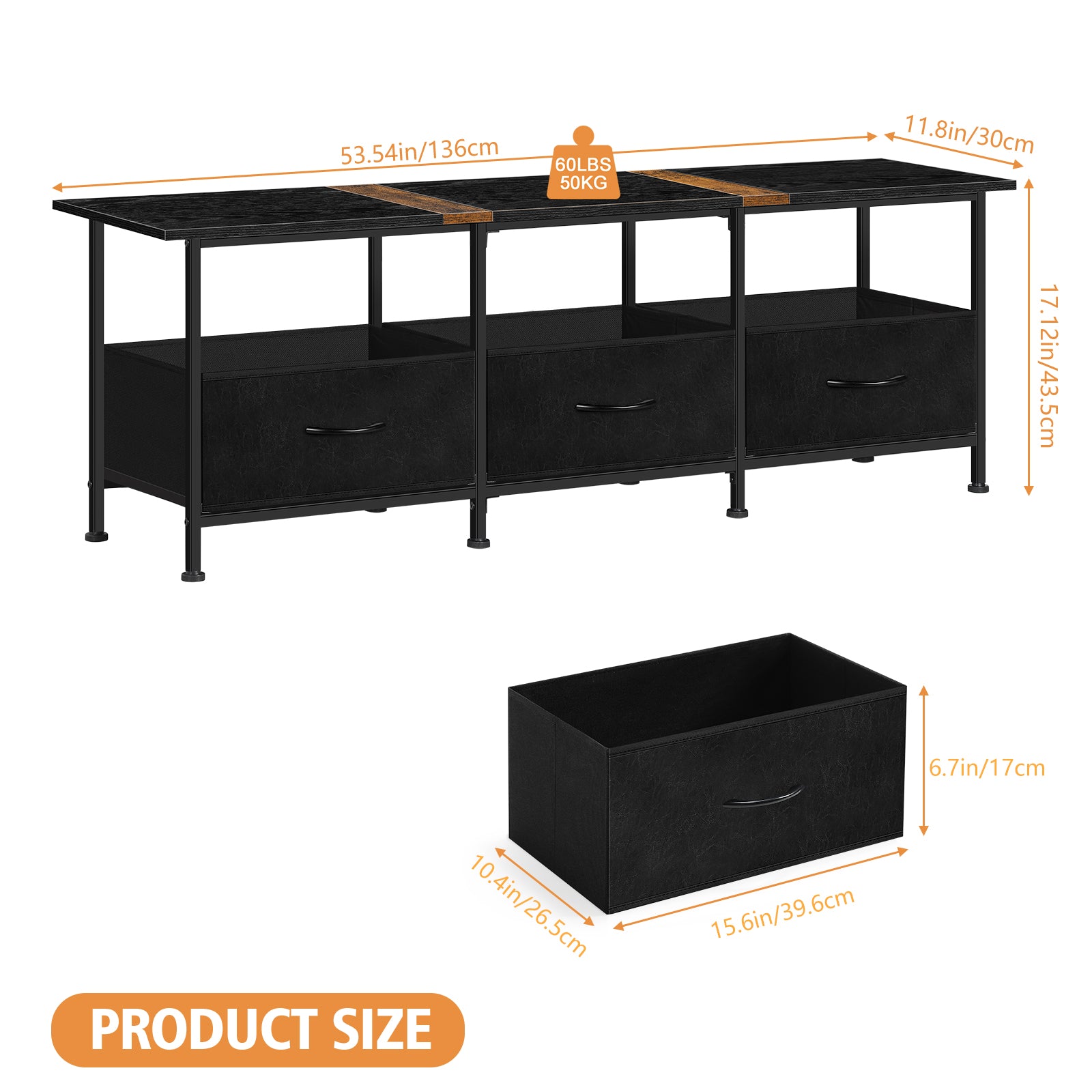 53" Industrial TV Stand for TVs up to 60" - Entertainment Center with 3 Fabric Storage Drawers, Black,