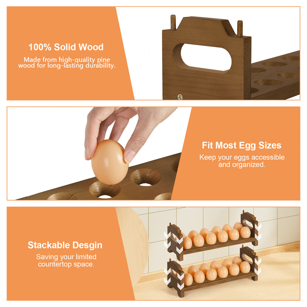 2-Tier Wooden Egg Holder for Countertop - Stackable Fresh Egg Storage Rack - Rustic Farmhouse Kitchen Organizer for up to 24 Eggs