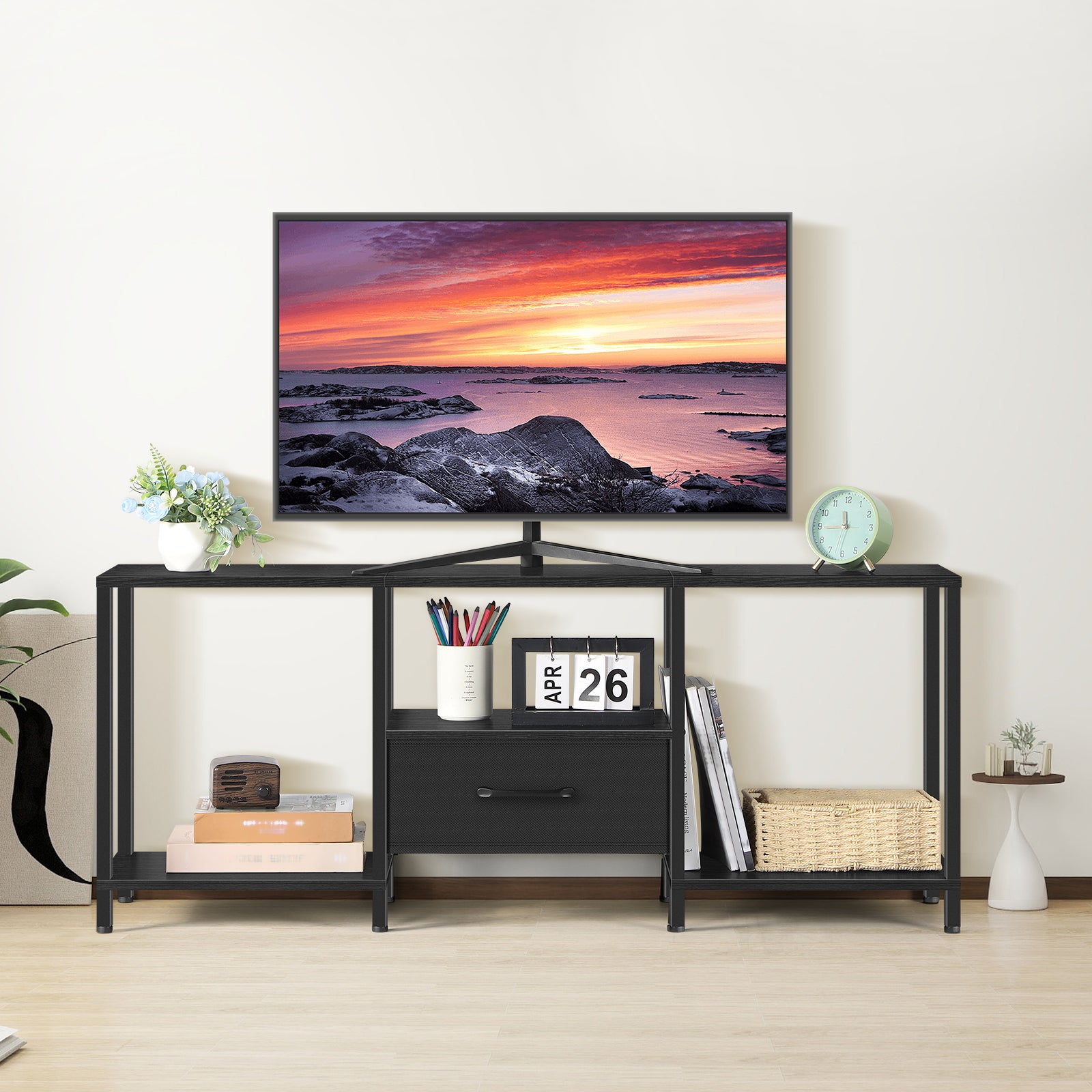 46inch TV Stand with Fabric Drawer, 3-Tier Media Console with Adjustable Feet for 55inch TV