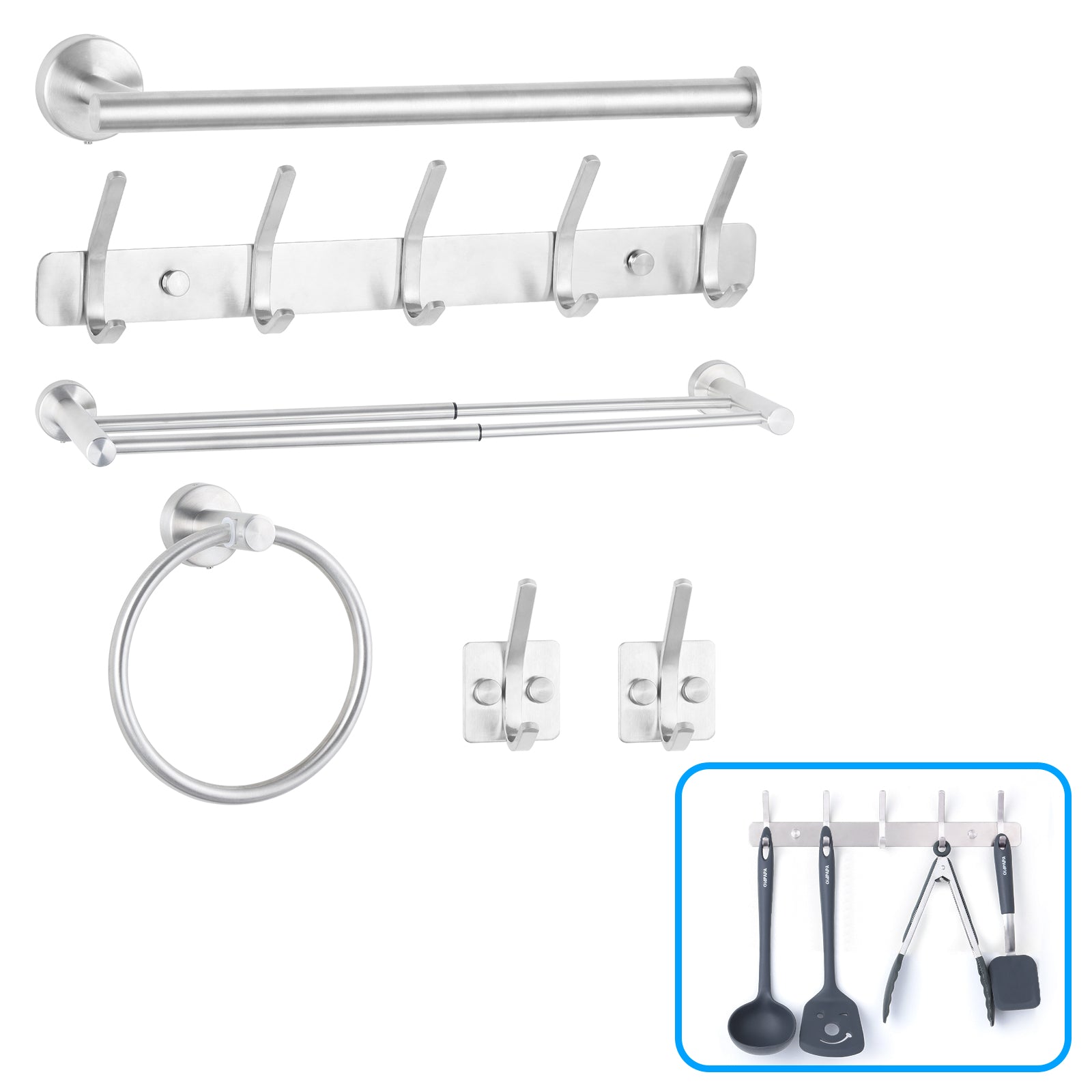 6-Piece Silver Bathroom Accessories Set - Adjustable Towel Bar, Toilet Paper Holder & Robe Hooks