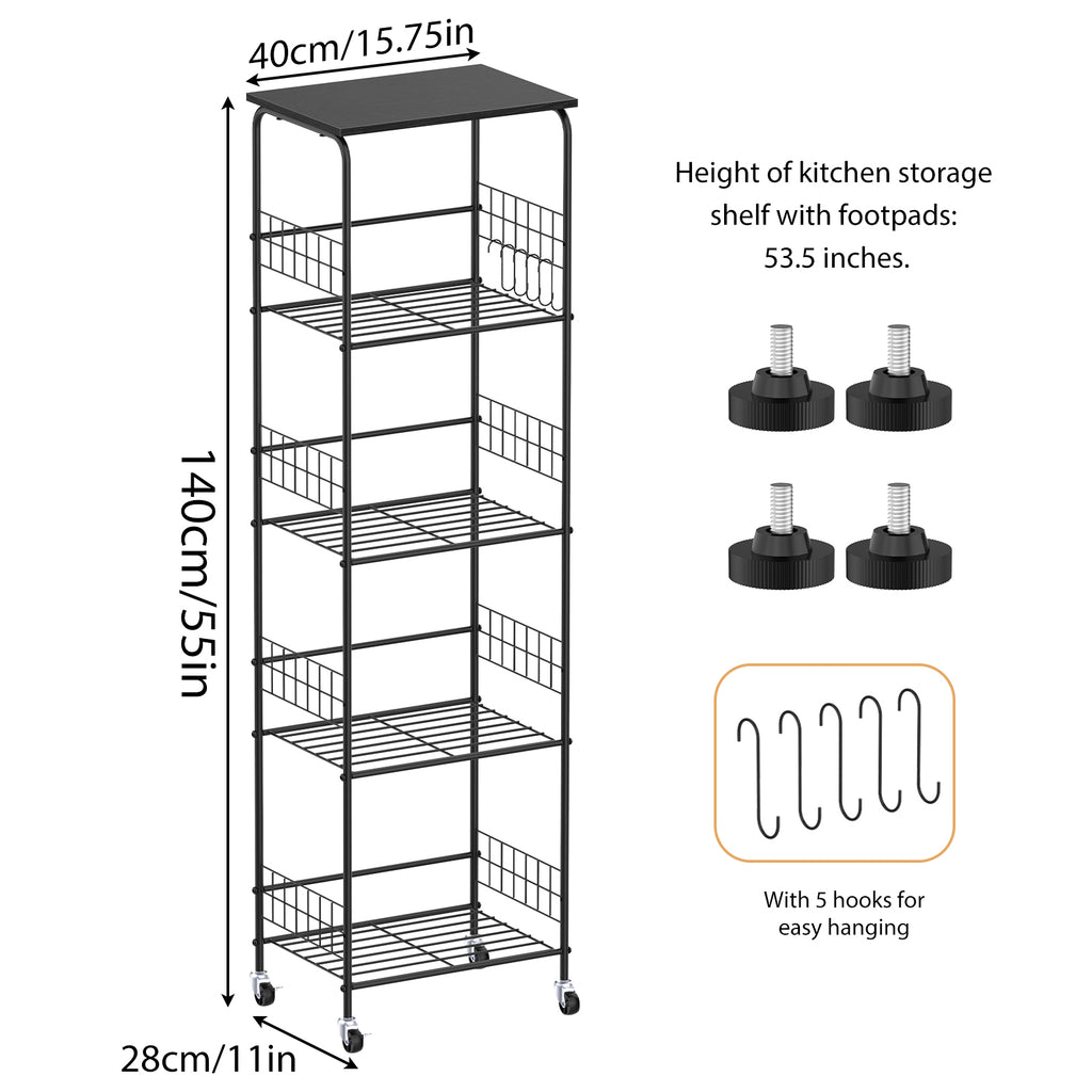 5-Tier Rolling Wire Storage Basket Cart - Slim Utility Shelf Organizer for Kitchen, Pantry, Laundry Room & Kids' Playroom, Black