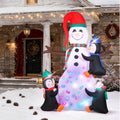 7FT Christmas Inflatable Snowman with 3 Penguins & Rotating Multi-Color LED Lights, Animated Yard Decor