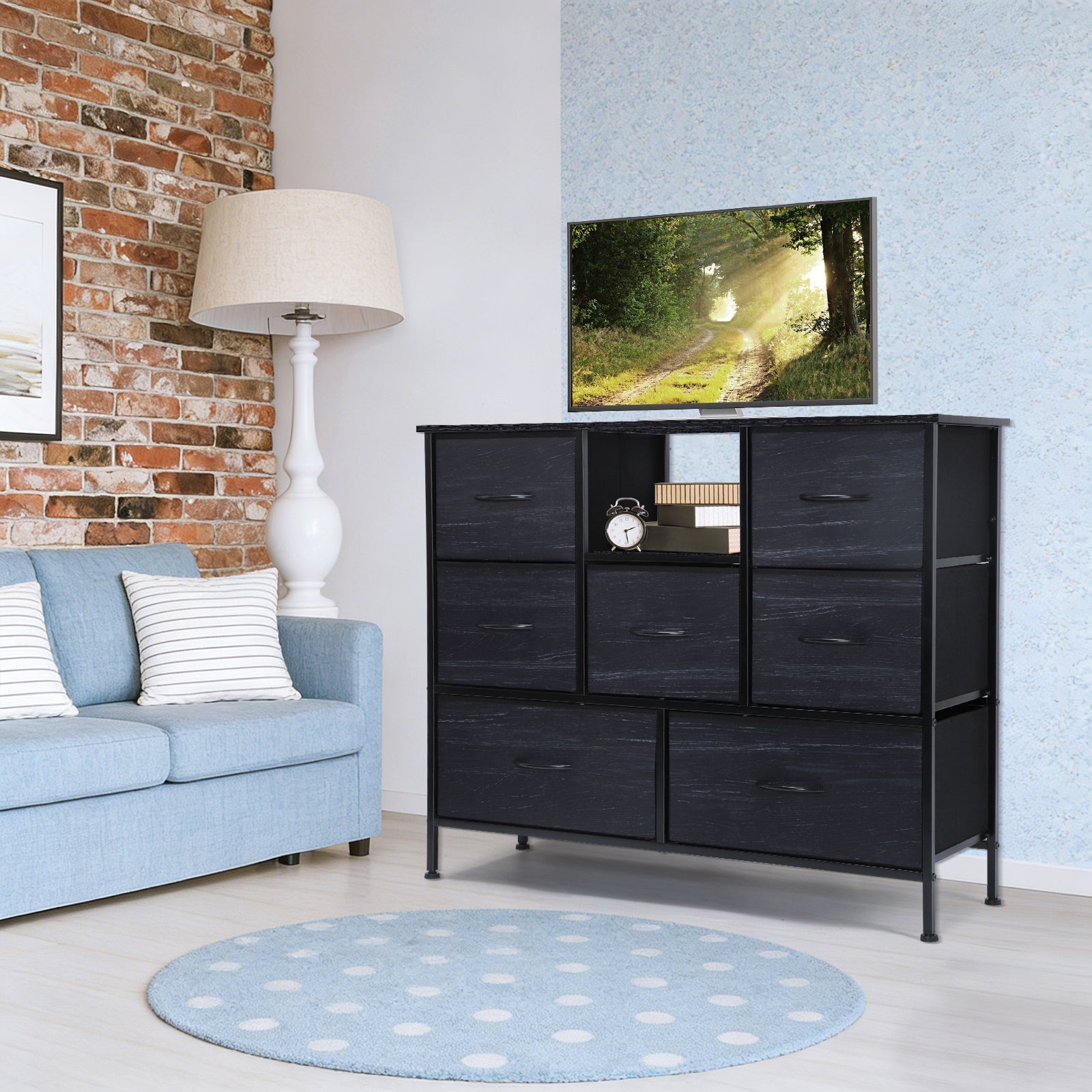 Dresser TV Stand for up to 55inch TV - Black Entertainment Center with Fabric Storage Drawers
