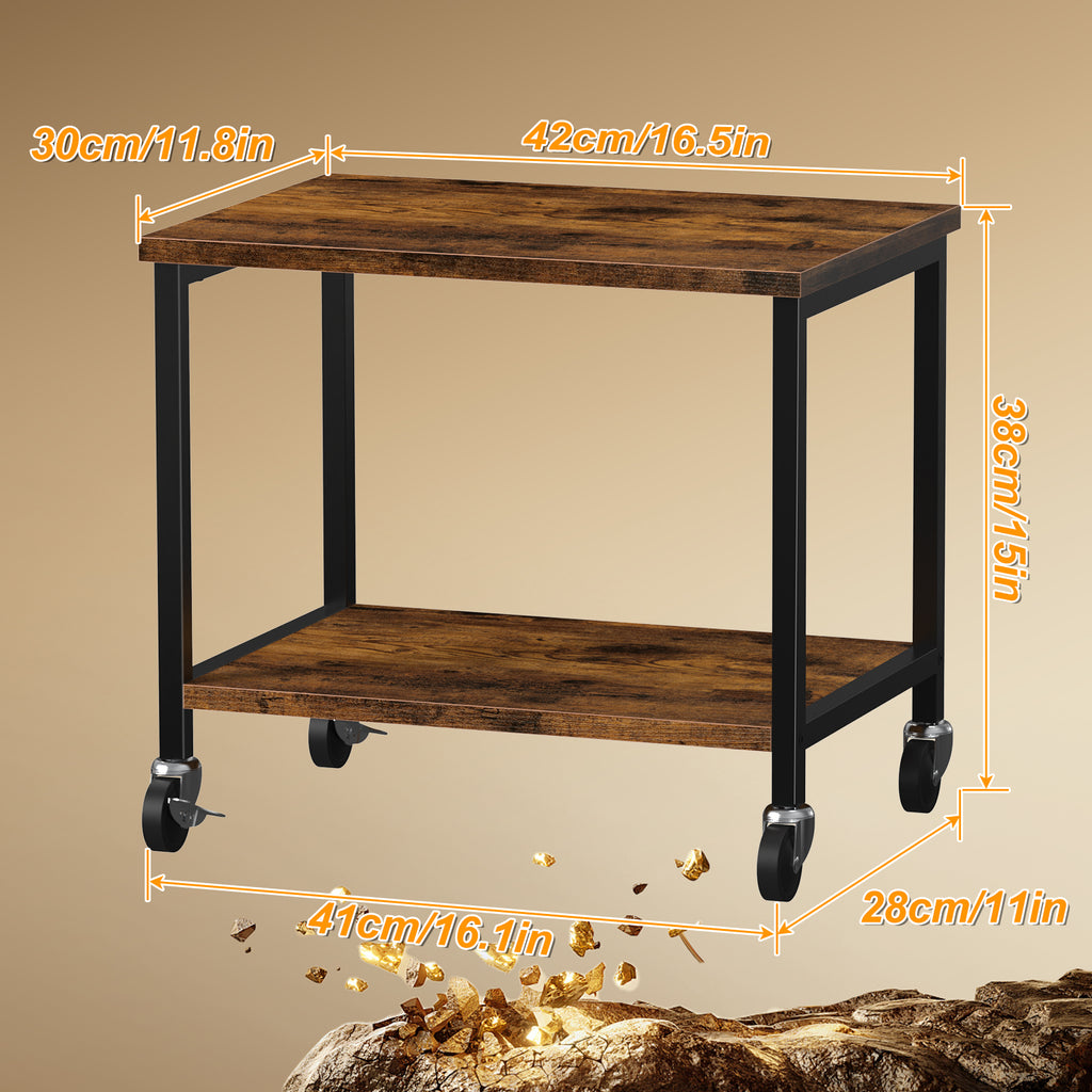 2-Tier Desktop Printer Stand - Under-Desk Rolling Office Organizer Rack with Height Adjustment, Brown,