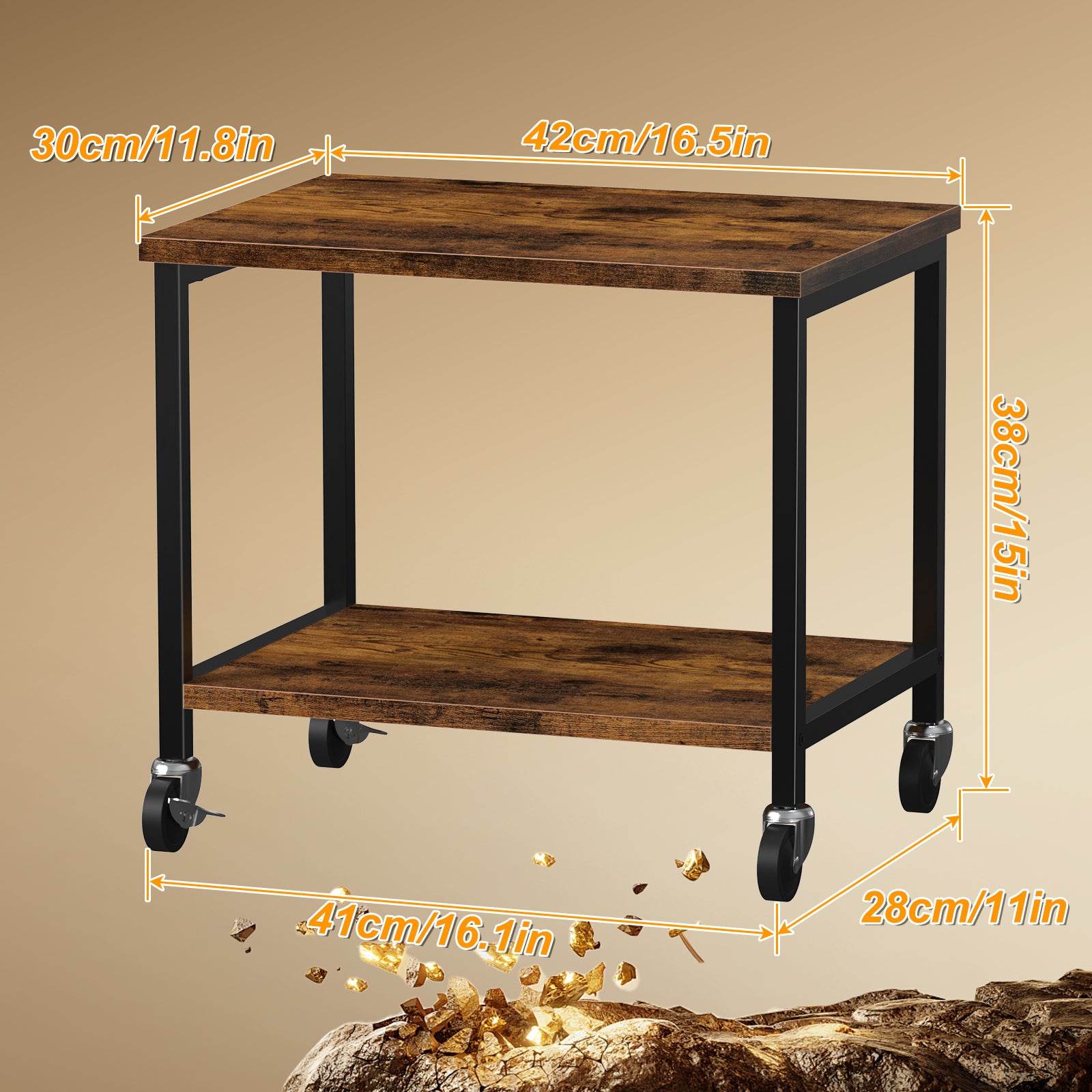 2-Tier Desktop Printer Stand - Under-Desk Rolling Office Organizer Rack with Height Adjustment, Brown,