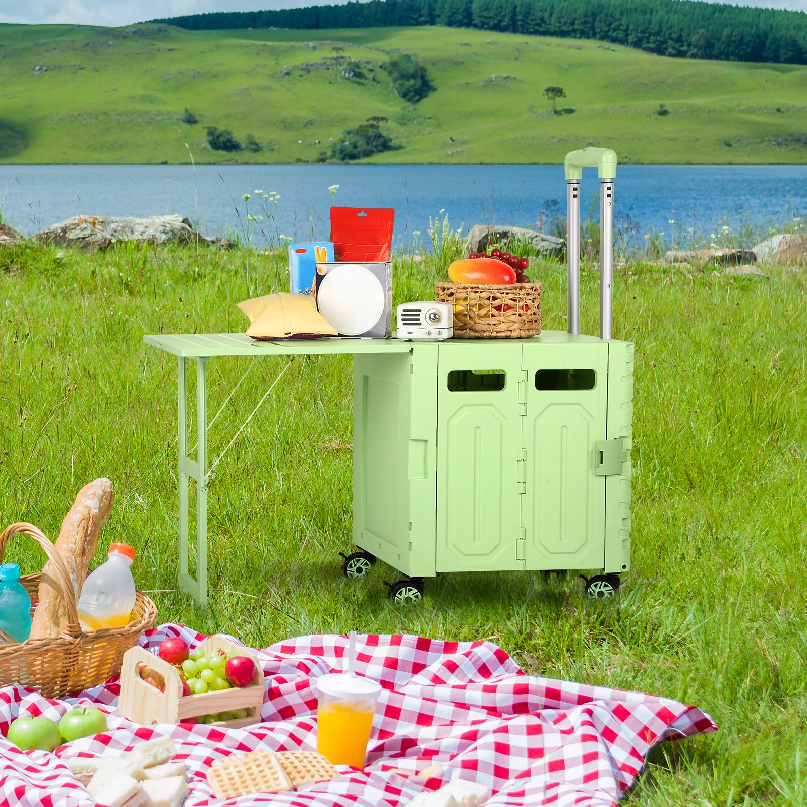 Portable Folding Shopping & Utility Cart - 4-Wheeled Collapsible Rolling Crate with Telescoping Handle - Heavy-Duty Moving Trolley for Groceries